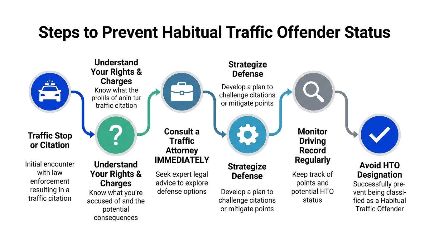 A flow chart illustrating six steps to prevent becoming a habitual traffic offender in Florida.