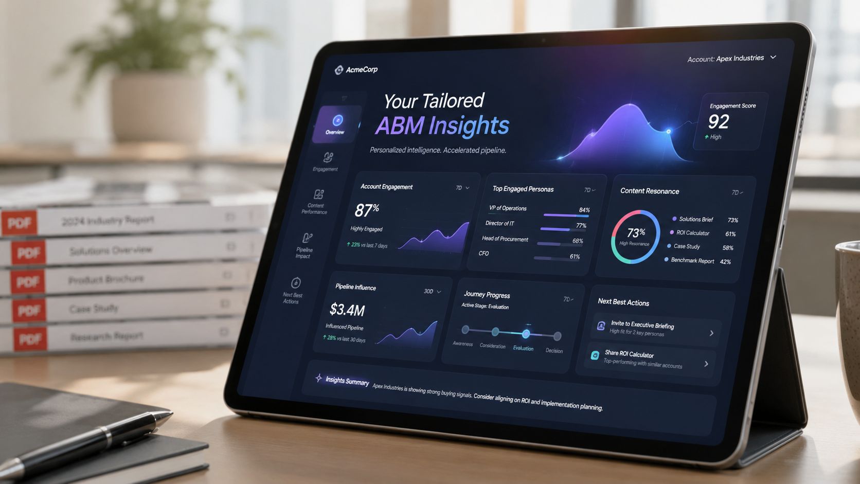 A digital tablet displaying an ABM insights dashboard with data metrics and professional analytics for Apex Industries.