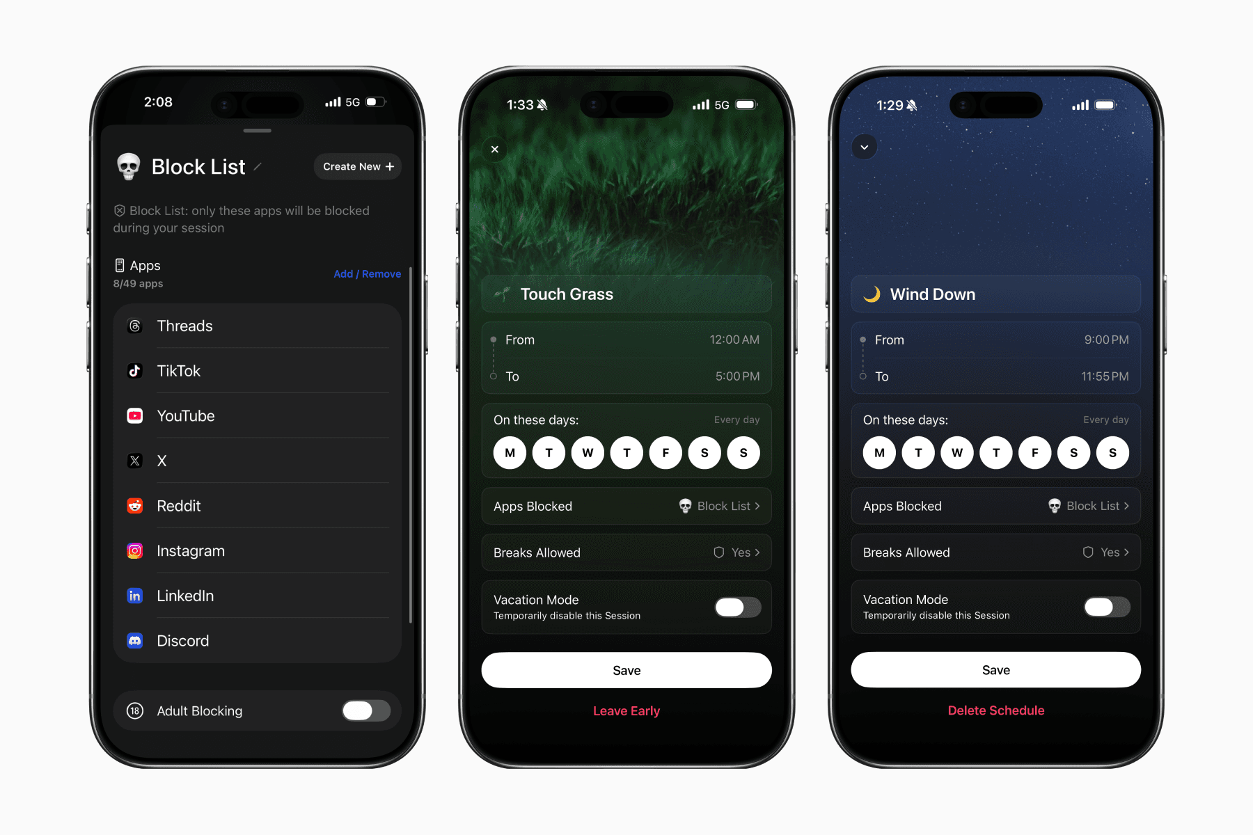 Opal block list screen and schedule screen on iPhones