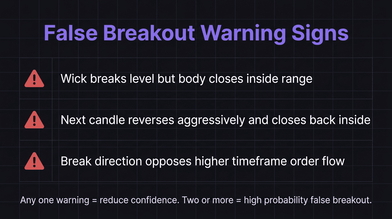 Checklist showing three warning signs of a false breakout with check marks for wick break, immediate reversal candle, and break against higher timeframe flow