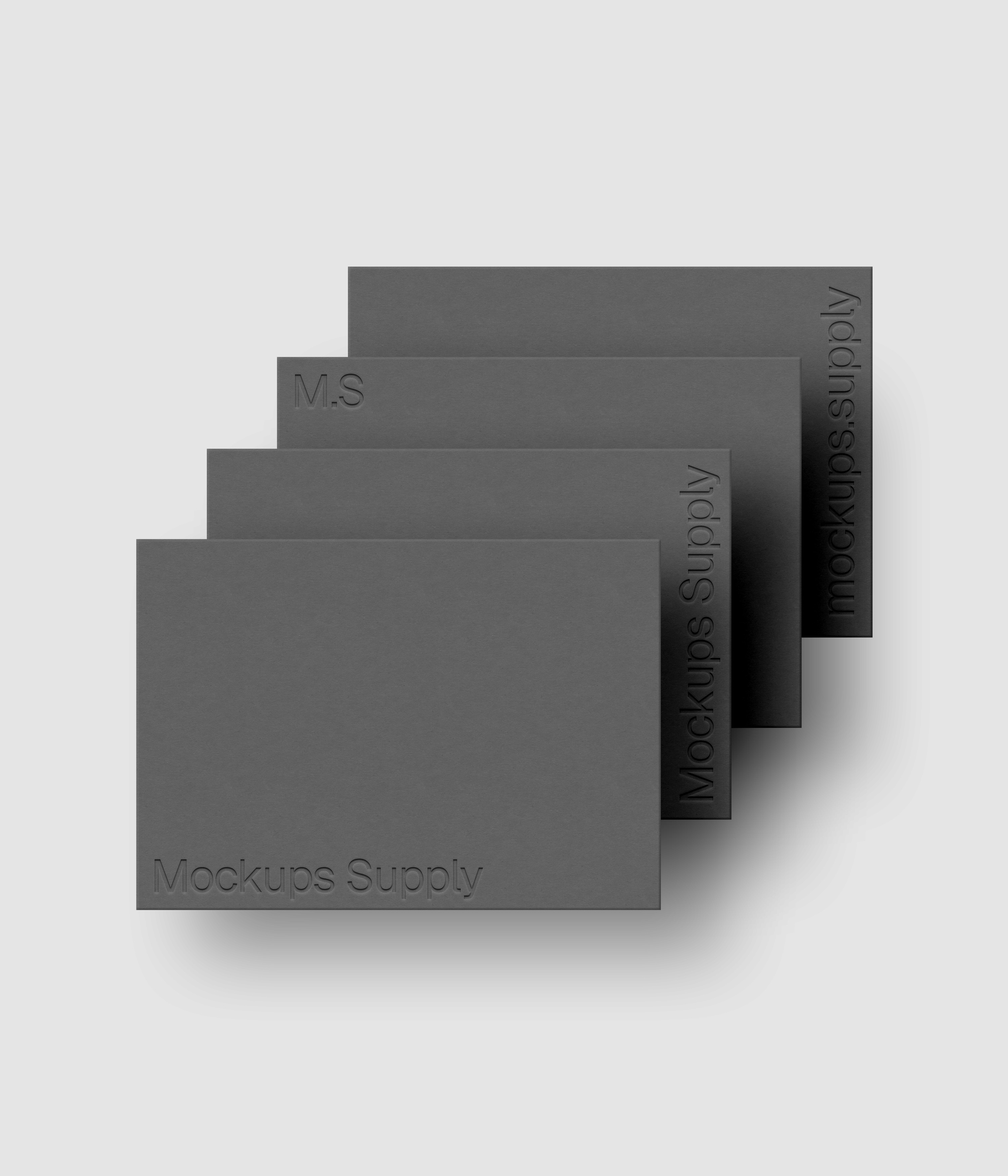 Four A4 paper mockup PSD landscape with debossed logo effect, gray papers on white background, modern minimal stationery mockup for print design and brand identity