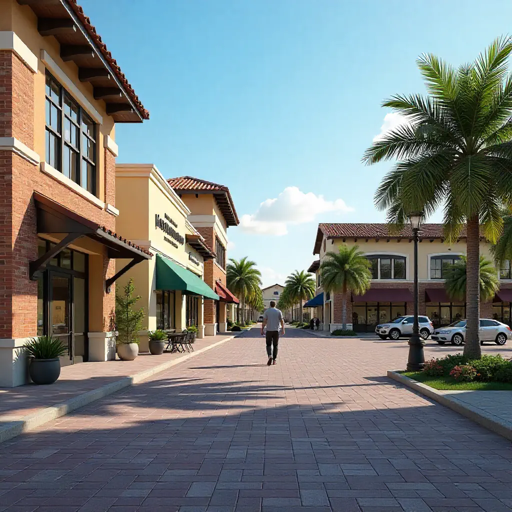 A sunny 3D rendering of a pedestrian shopping street in a Mediterranean style with brick pavement, storefronts, and palm trees.