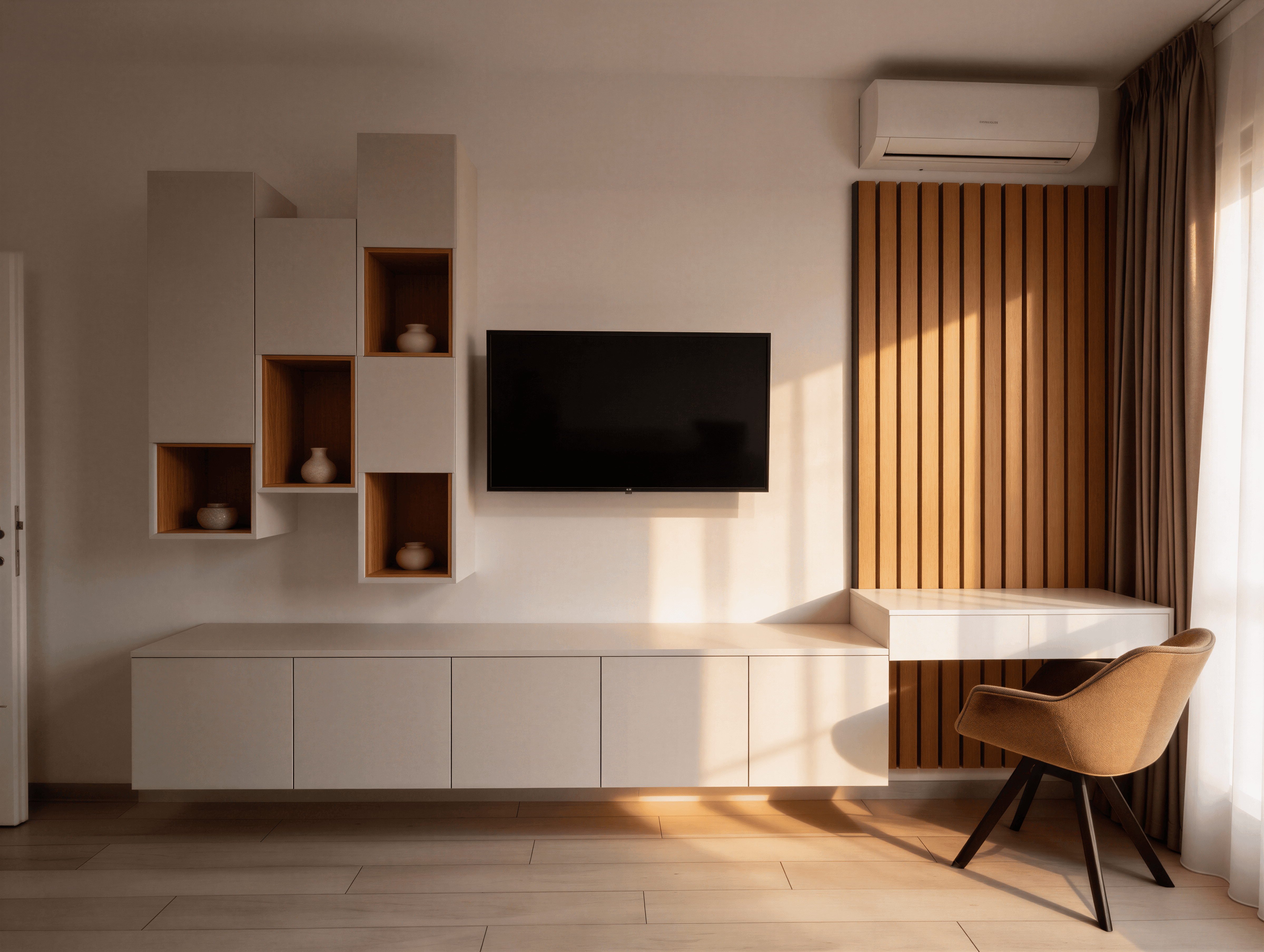 Zonă media și birou minimalist: corpuri albe suspendate, panou riflat din lemn și scaun modern.