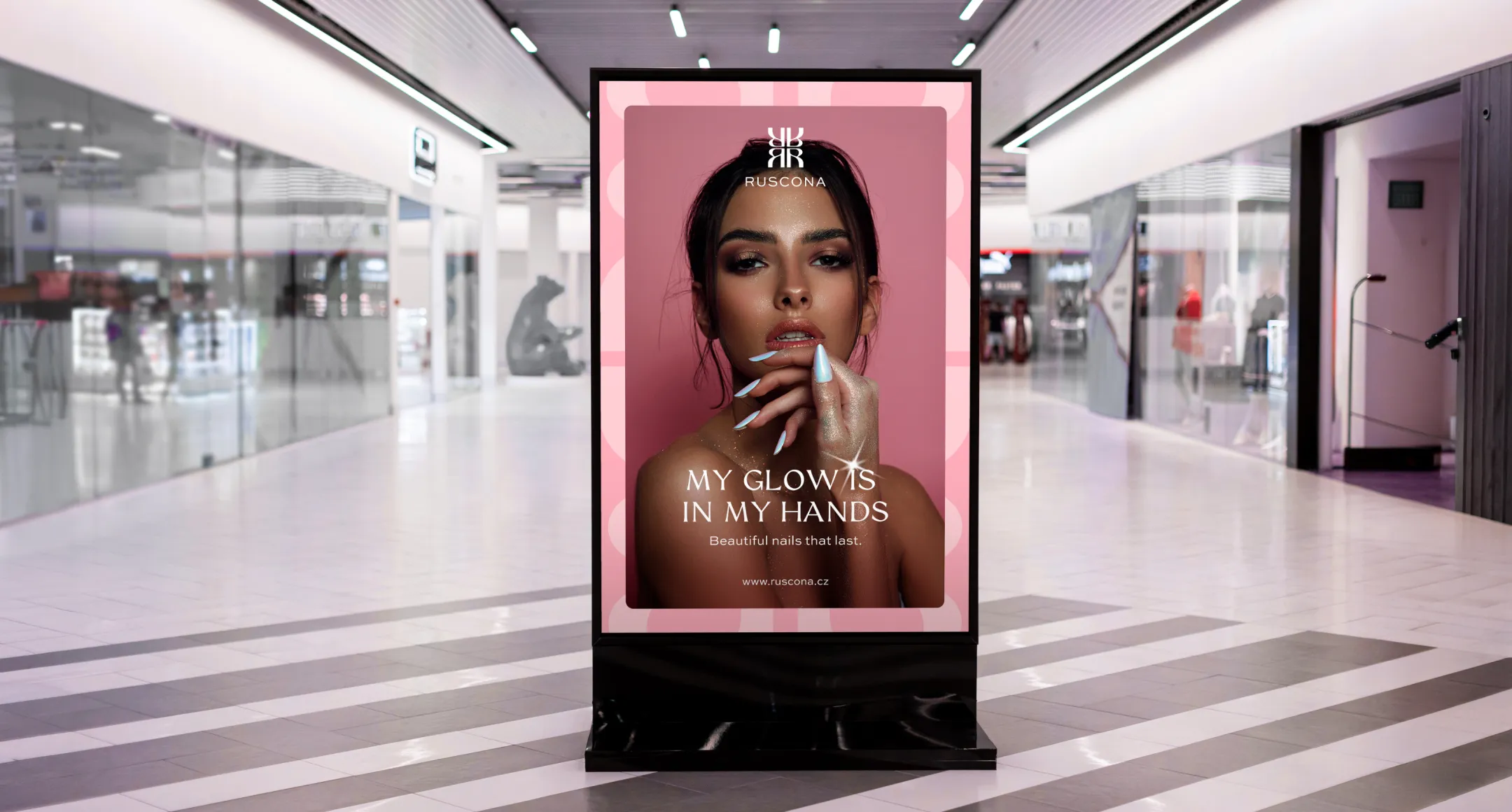 Ruscona professional beauty rebrand across nail-cosmetics packaging and identity