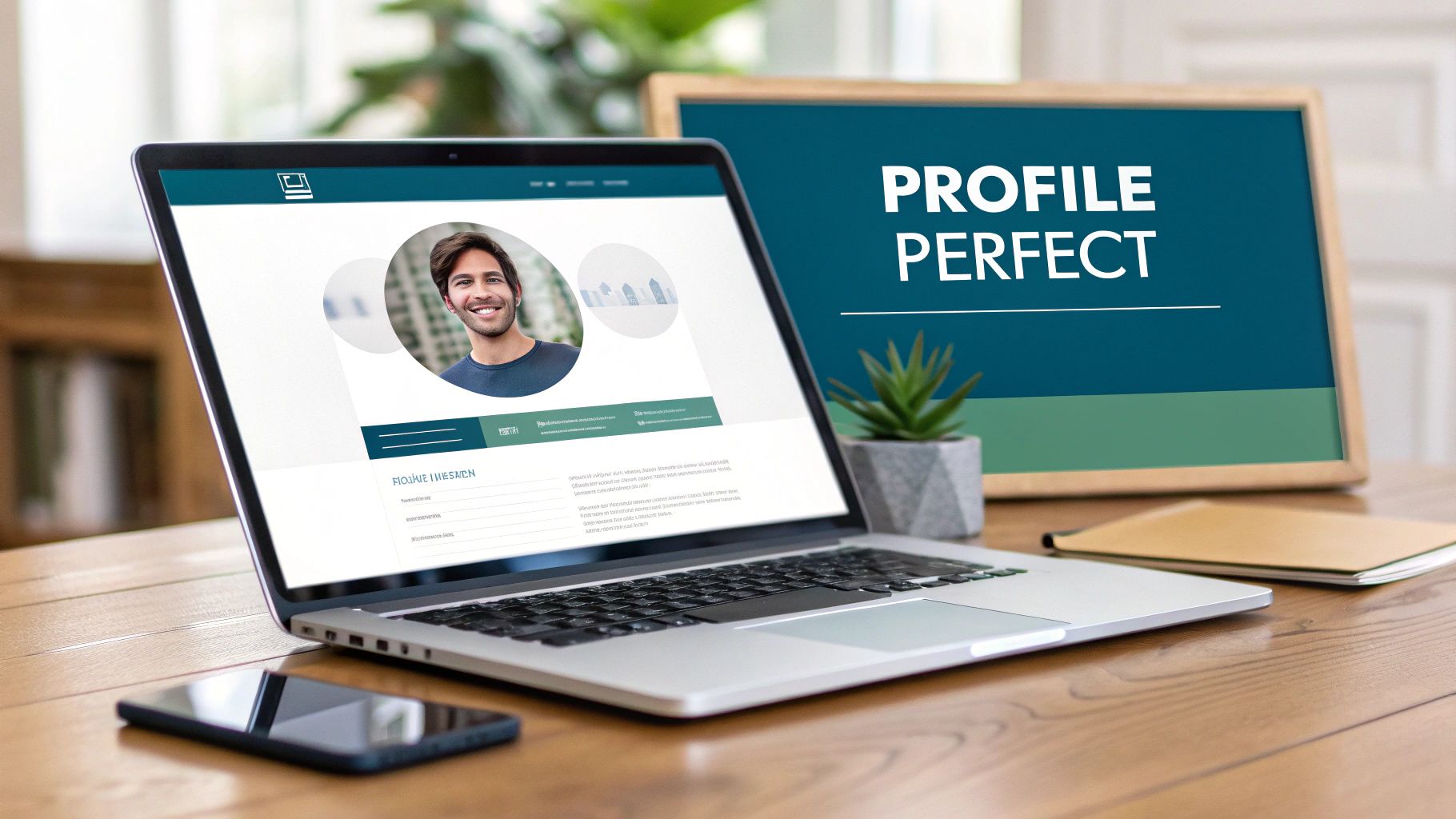 Laptop displaying professional LinkedIn profile page with headshot next to monitor showing profile perfect text