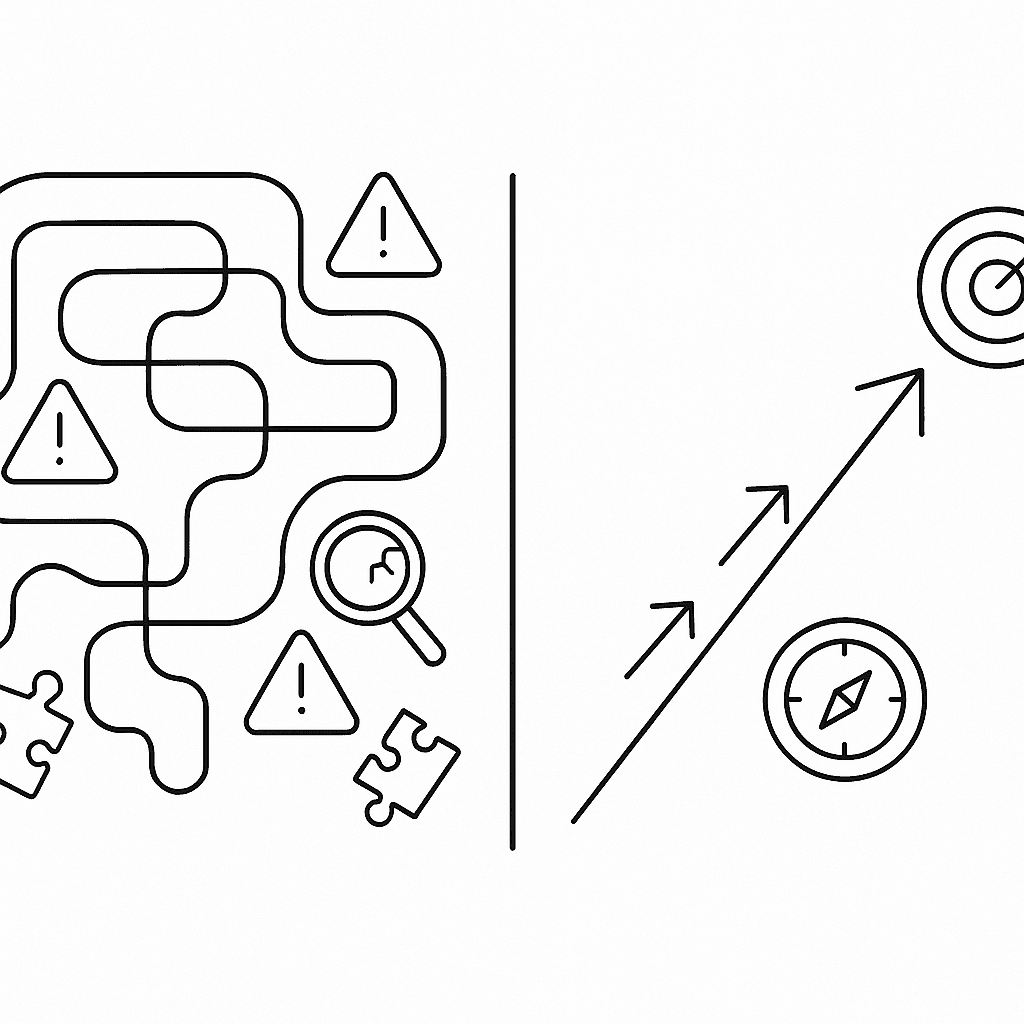 Abstract split illustration contrasting chaotic pitfalls and a clear evaluation path for GEO platform buyers