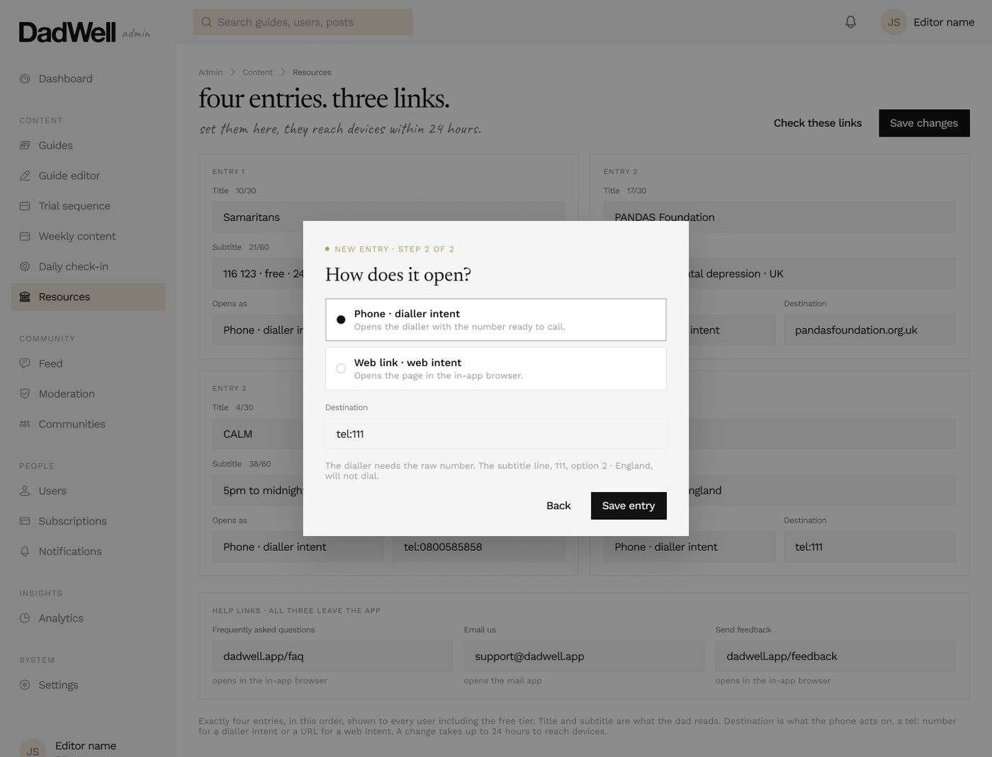 The admin panel choosing how a resource opens, phone, dial or web link