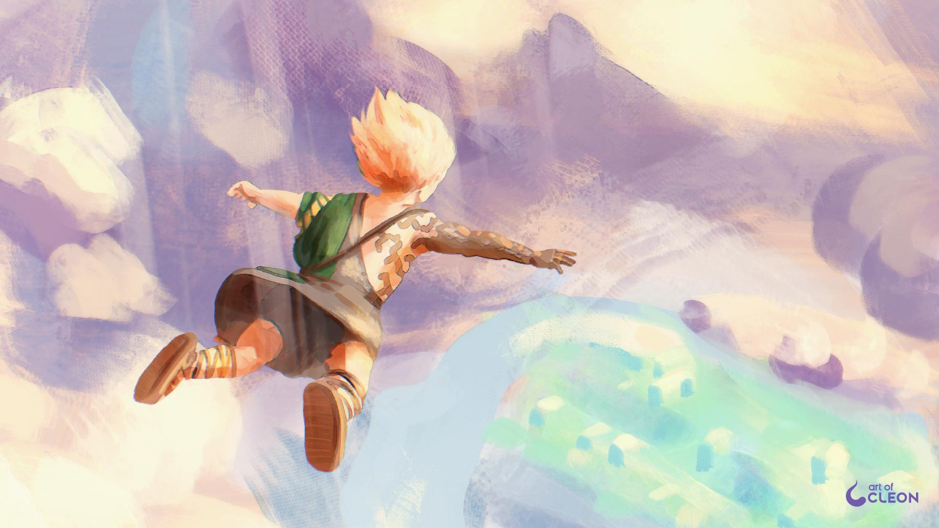 Detail of the cloud shapes and small floating island below Link.