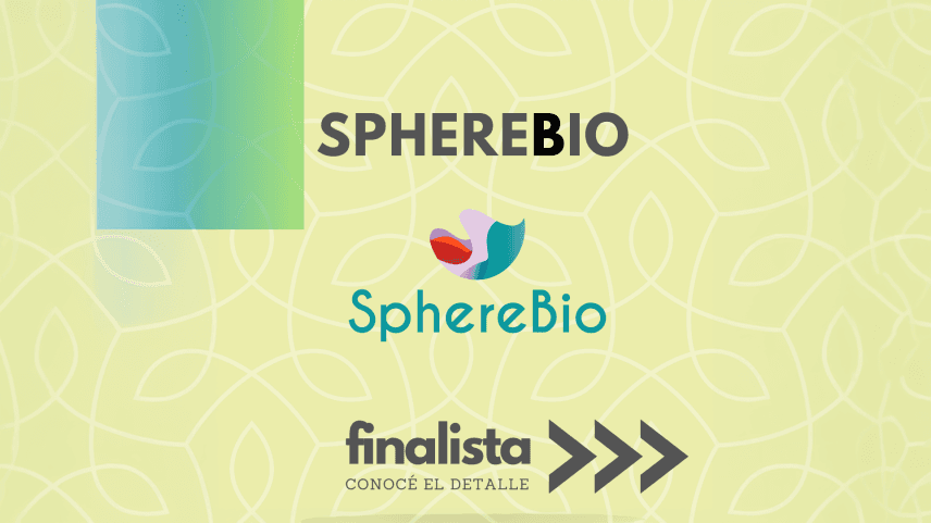 SphereBio logo against a leafy patterned background. Text below reads 'finalista'.