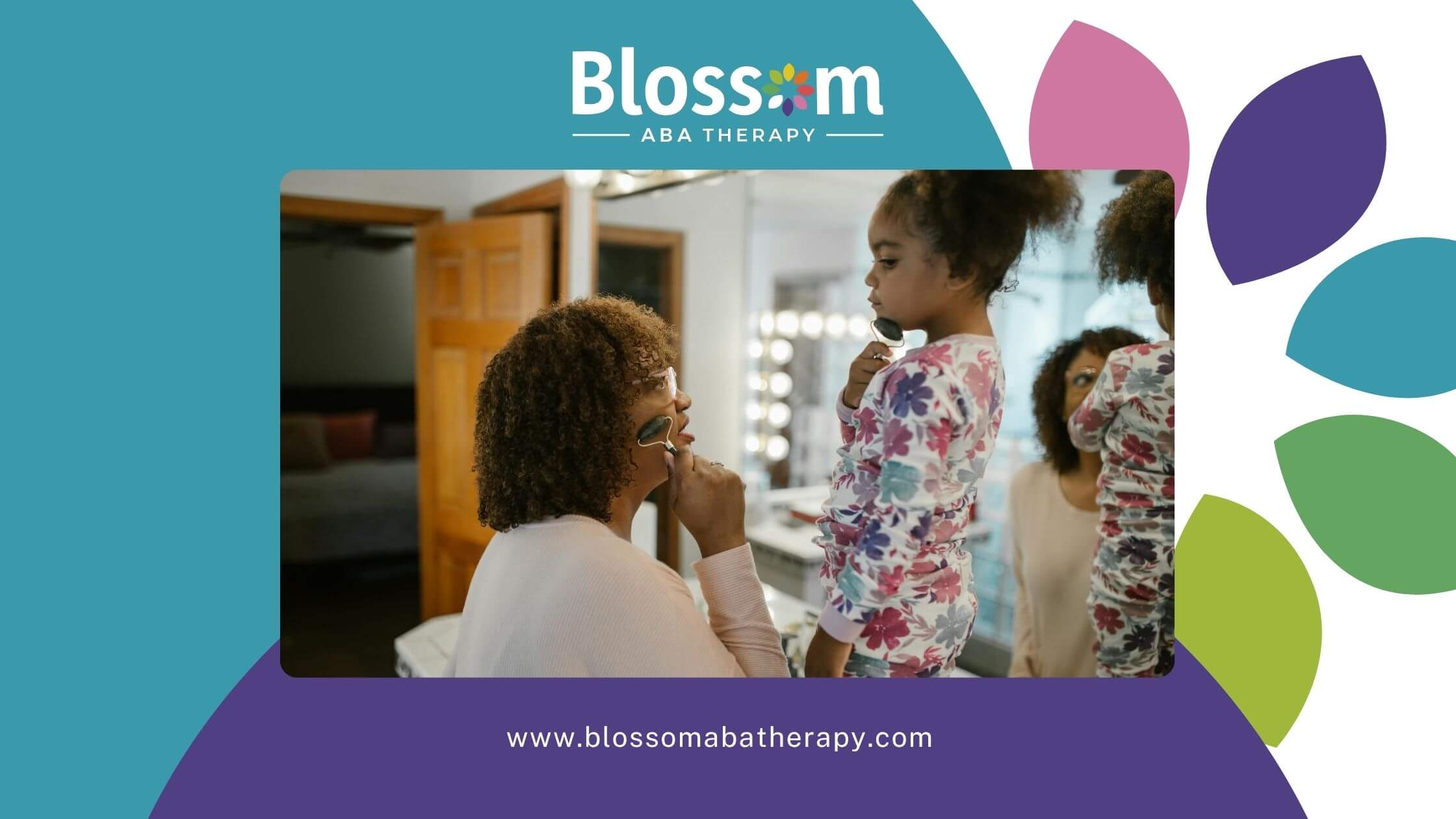 Female ABA therapist is applying a skincare roller on her patient autistic young girl face in a bathroom.