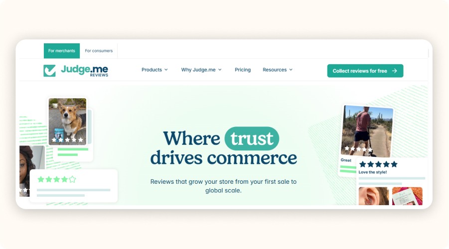  Judge.me reviews platform homepage highlighting trust and customer feedback