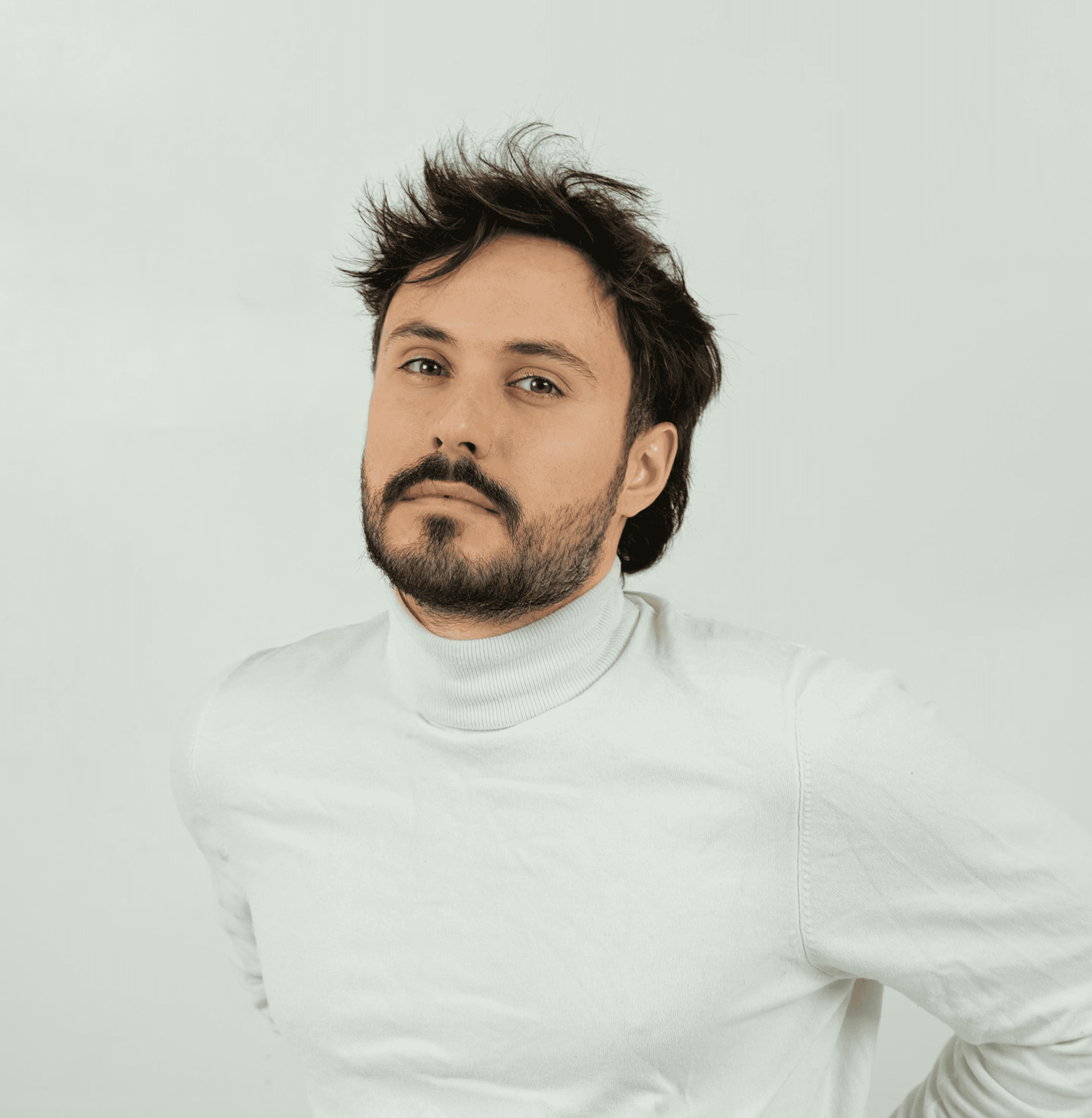A glamorous cabaret performer with long hair, wearing an elegant white cutout dress, standing mysteriously by a dark piano under dramatic, cinematic slatted lighting