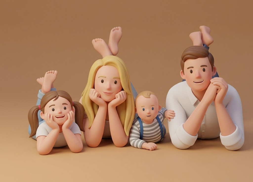 a family of four on the ground for a photoshoot