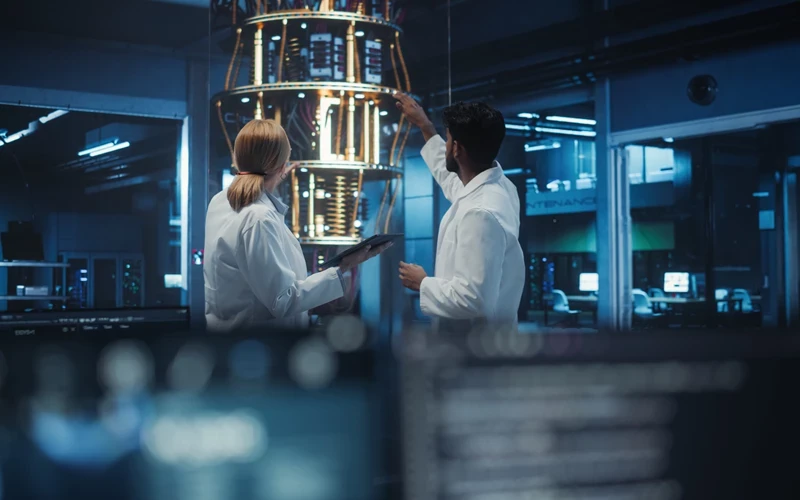 Two scientists wearing white lab coats stand inside a high‑tech laboratory, examining a large, illuminated cylindrical machine at the centre of the room. One person holds a tablet while the other gestures toward the equipment, which is surrounded by glowing rings, cables, and digital components. Computer screens and lab infrastructure are visible in the background, creating a futuristic environment that suggests advanced research, data analysis, or experimental technology work.