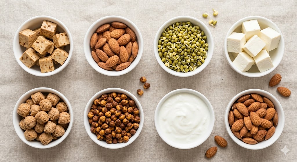 A top-down photograph of eight small white bowls containing high-protein plant-based foods, including tofu, almonds, sprouted moong beans, paneer, soy chunks, roasted chickpeas, and Greek yogurt, arranged on a beige linen tablecloth.