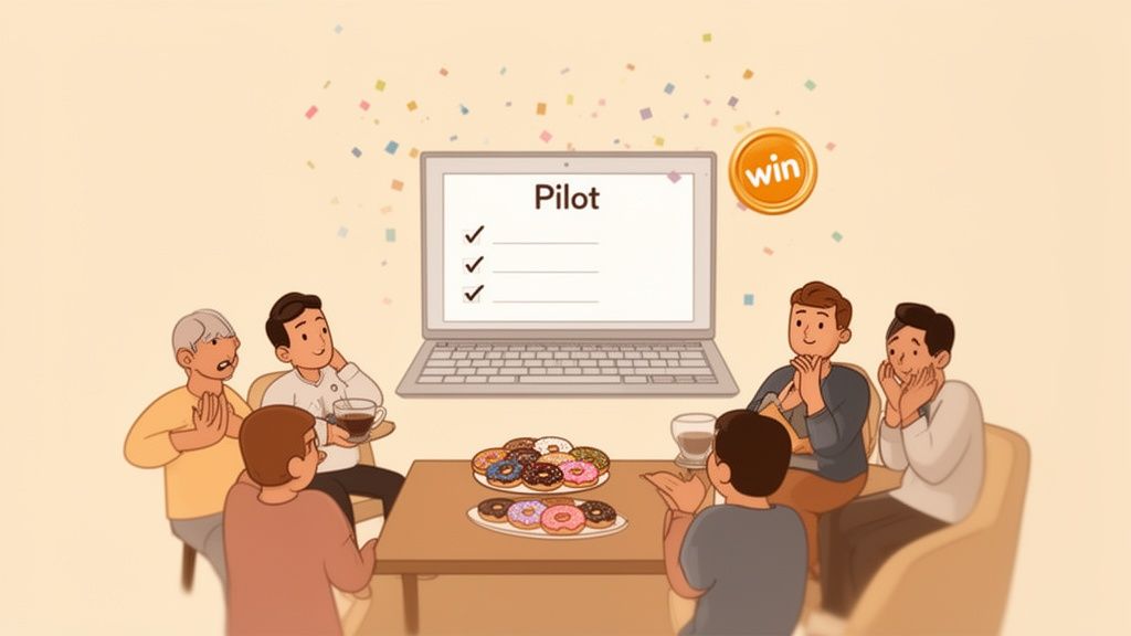 A happy team celebrates project success looking at a laptop with a 'Pilot' checklist and 'win' coin.