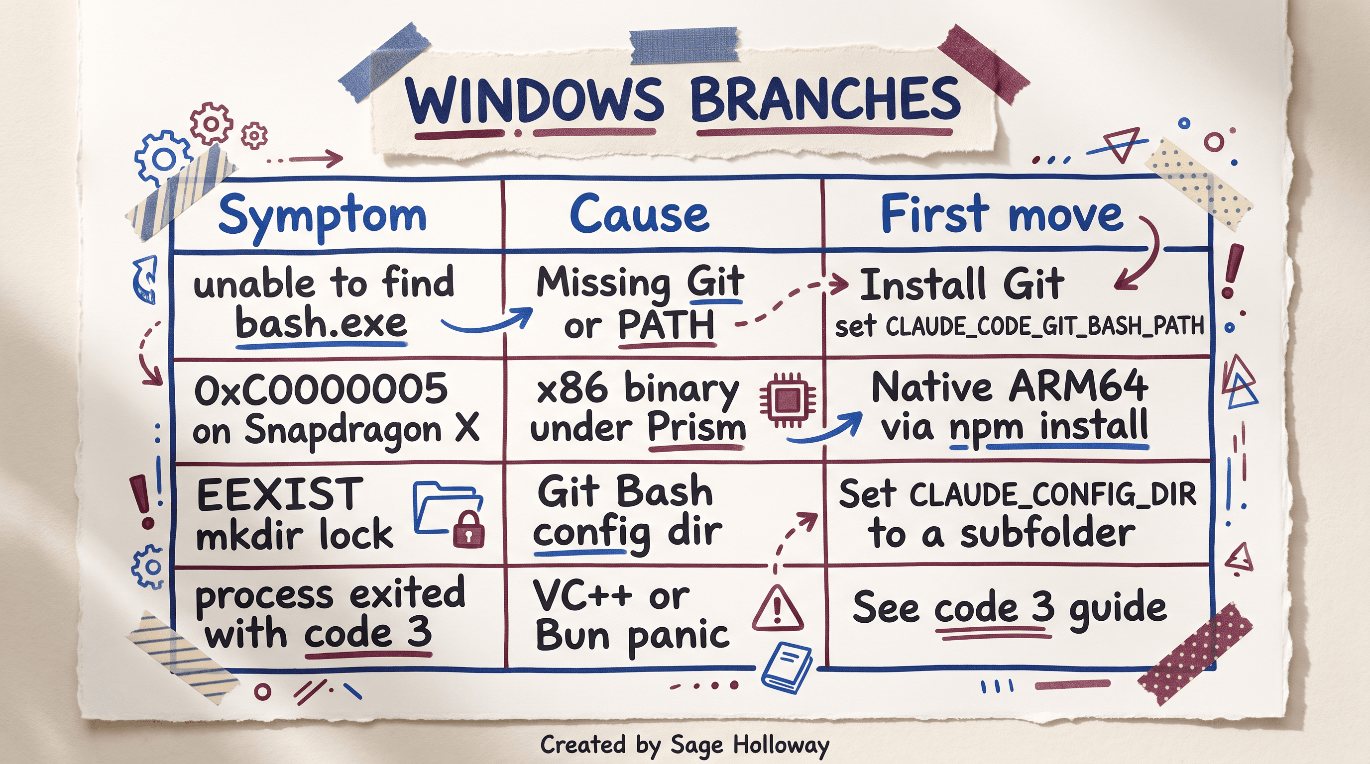 Table of Windows Claude Code code 1 fixes: Git bash path, ARM64 Prism 0xC0000005, and EEXIST CLAUDE_CONFIG_DIR