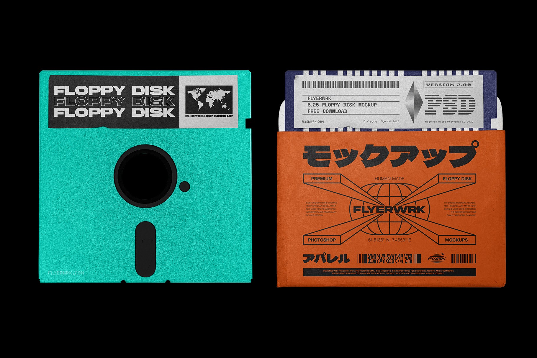 Vintage Floppy Disk 5.25 inch Mockup with a green shell and orange J-card style protective sleeve design