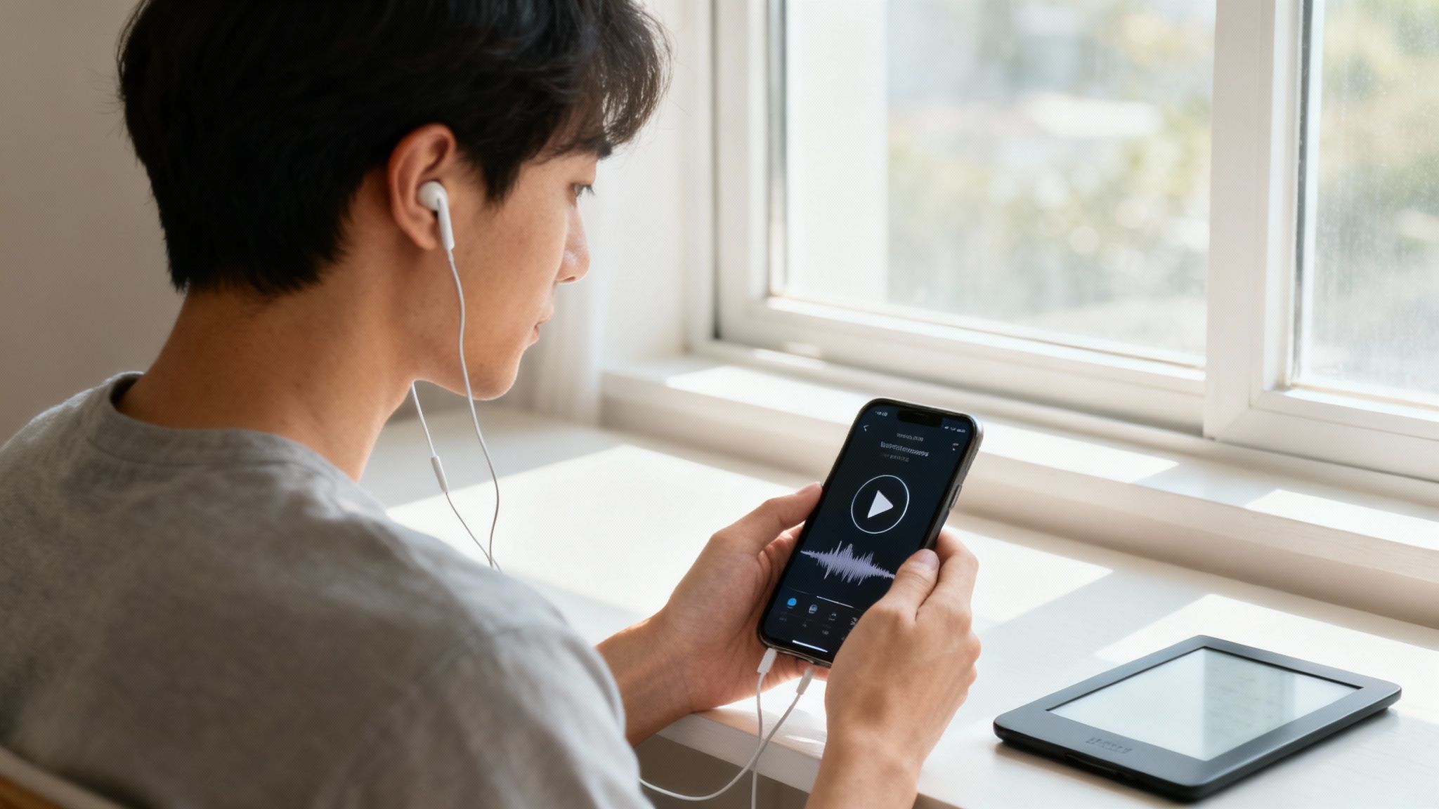 Speak4Me – Hands holding a tablet displaying an ebook, with a blurred laptop in the background showing a home office environment.