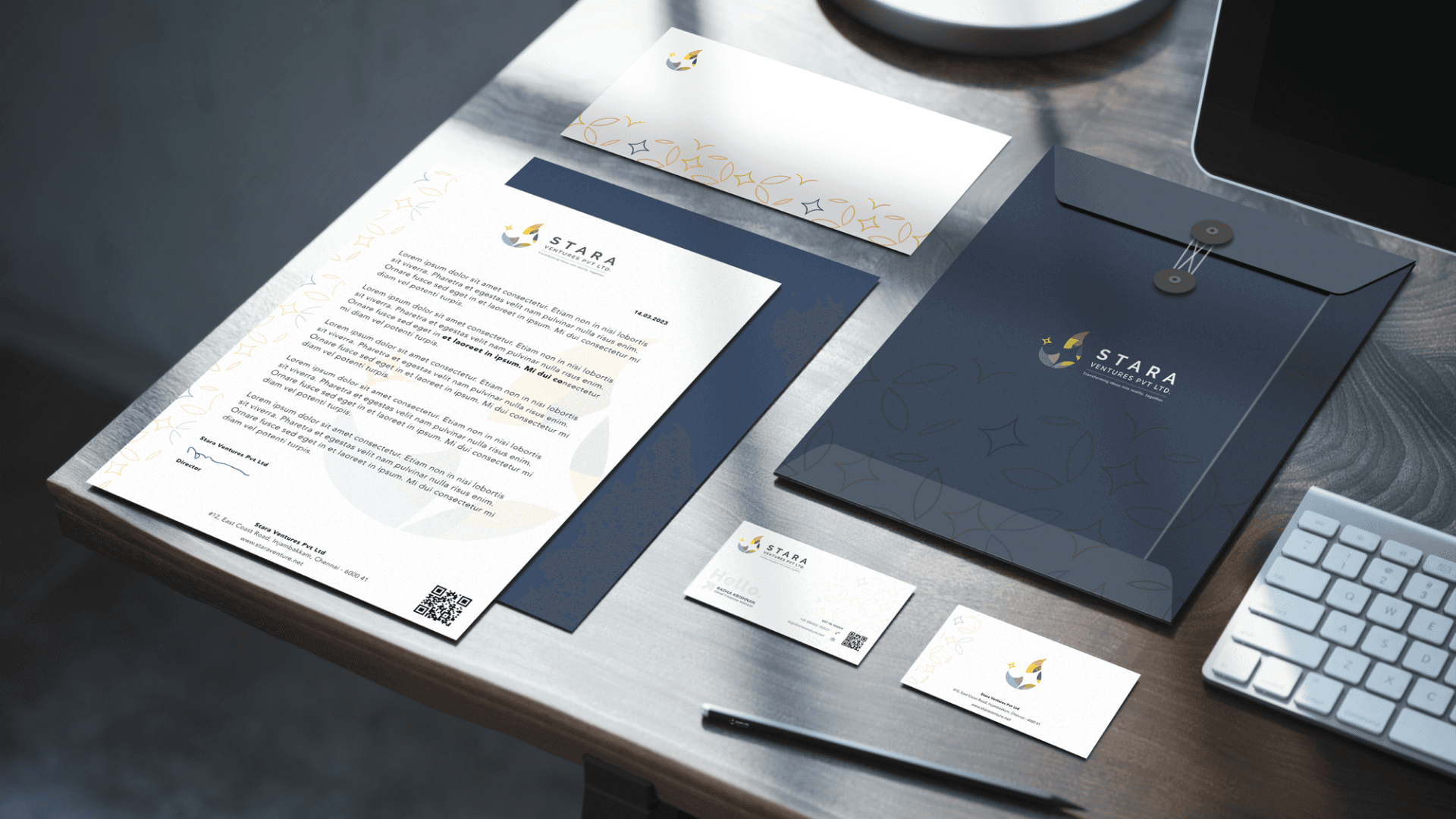 Stara Ventures branded stationery letterhead and envelope design — Penguincil Design