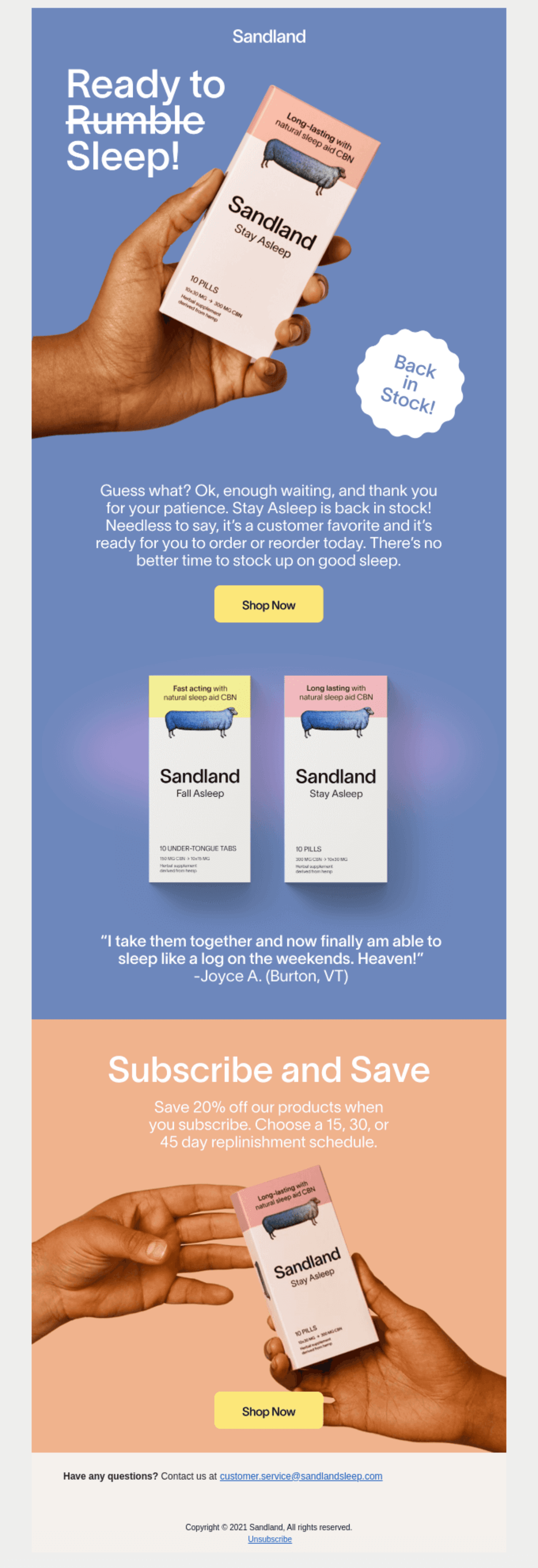 Sandland.png: Colourful email from Sandland with a hand holding the product, customer review, and subscription savings offer.