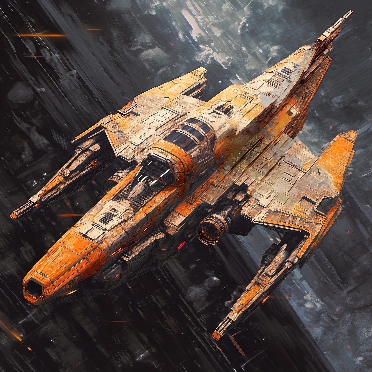 An orange futuristic sci-fi star fighter craft flying over the surface of a planet.