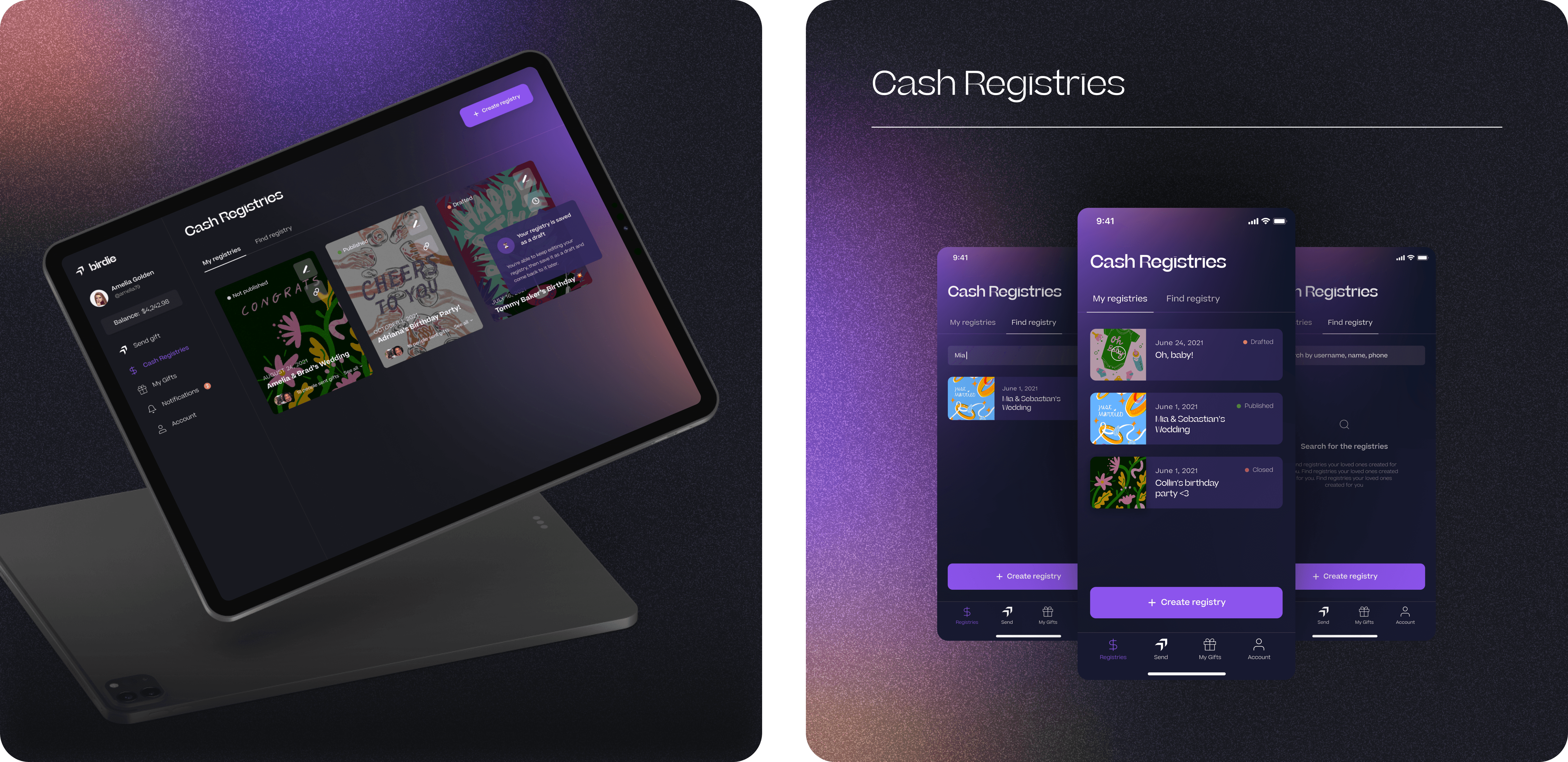 A split-screen image featuring a tablet and a digital interface on a dark background with purple accents.