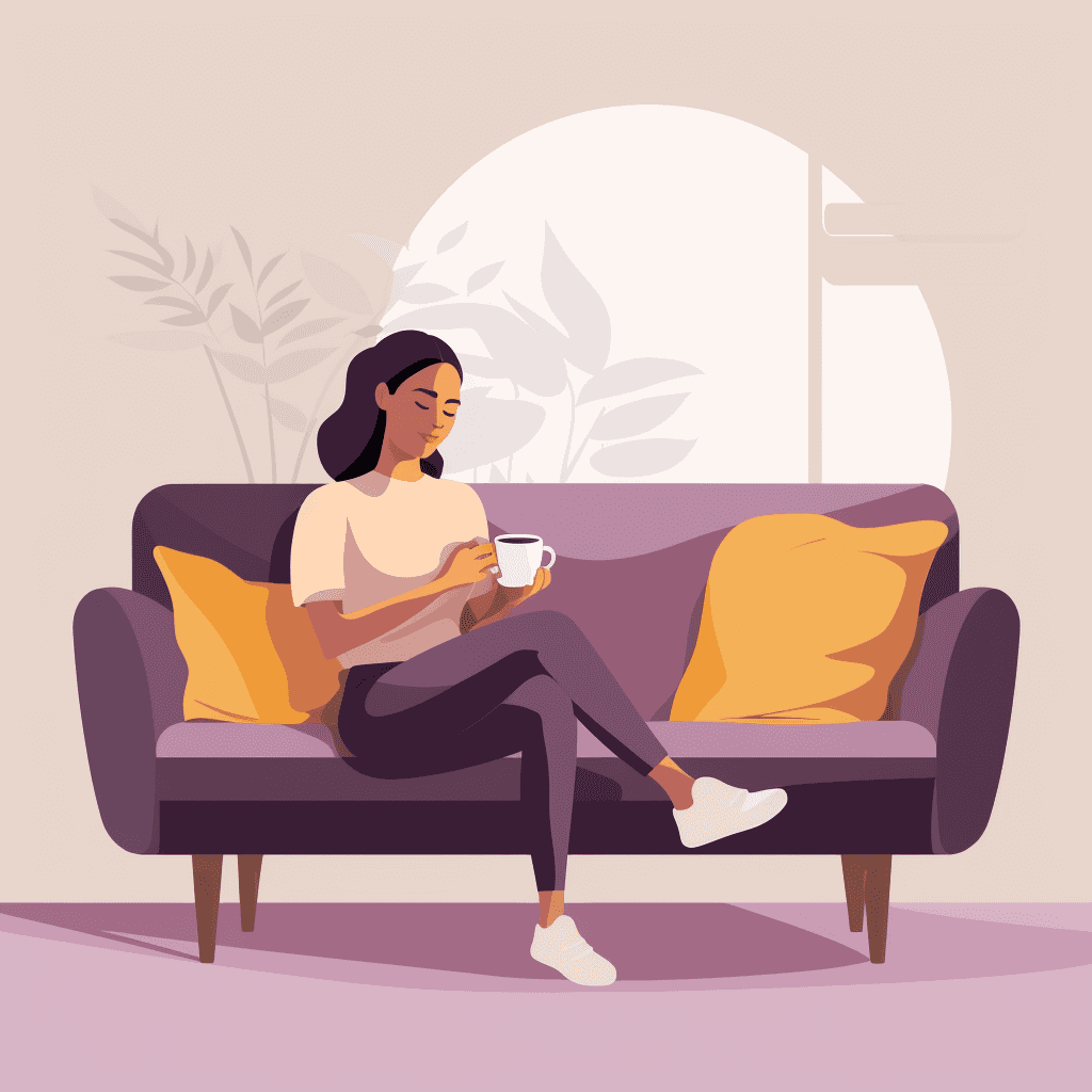 A young woman enjoying a cup of coffee on a couch.