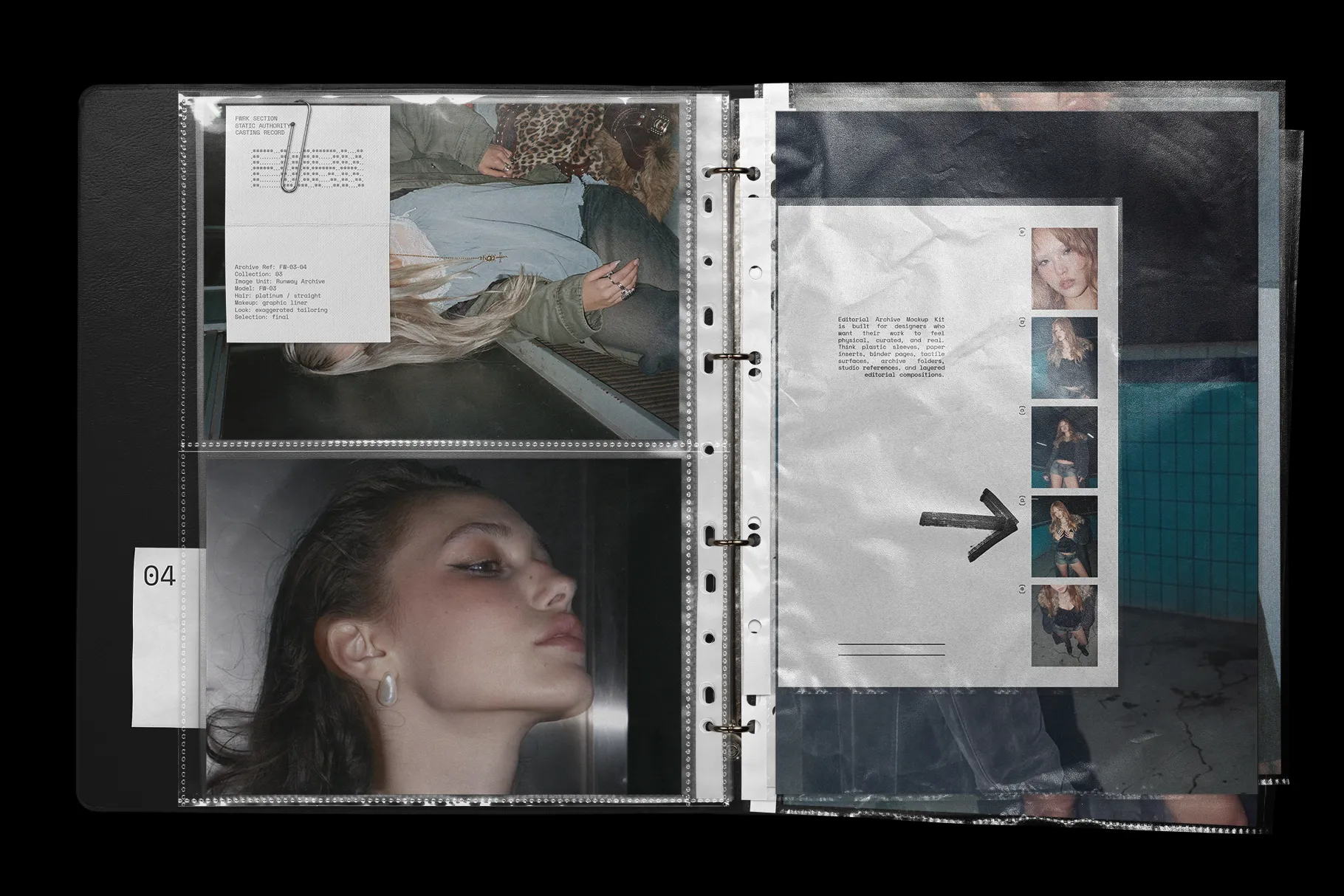 Editorial Archive Mockup Kit editorial photo layout with plastic sleeve textures