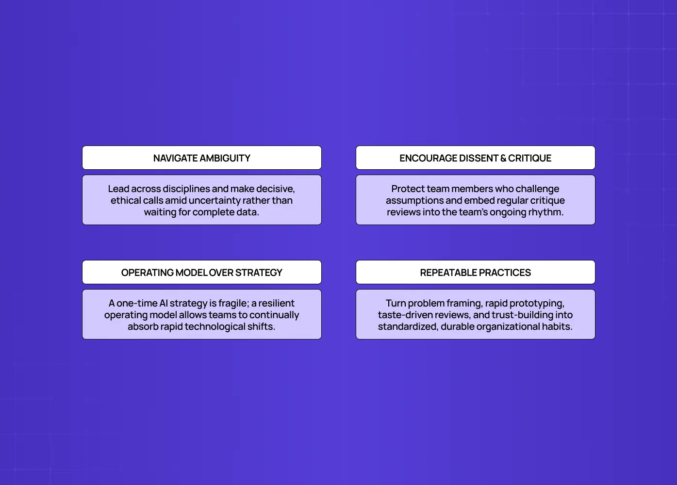 Four principles for leading AI product teams: navigate ambiguity, encourage dissent, prioritize resilient operating models, and establish repeatable product practices.