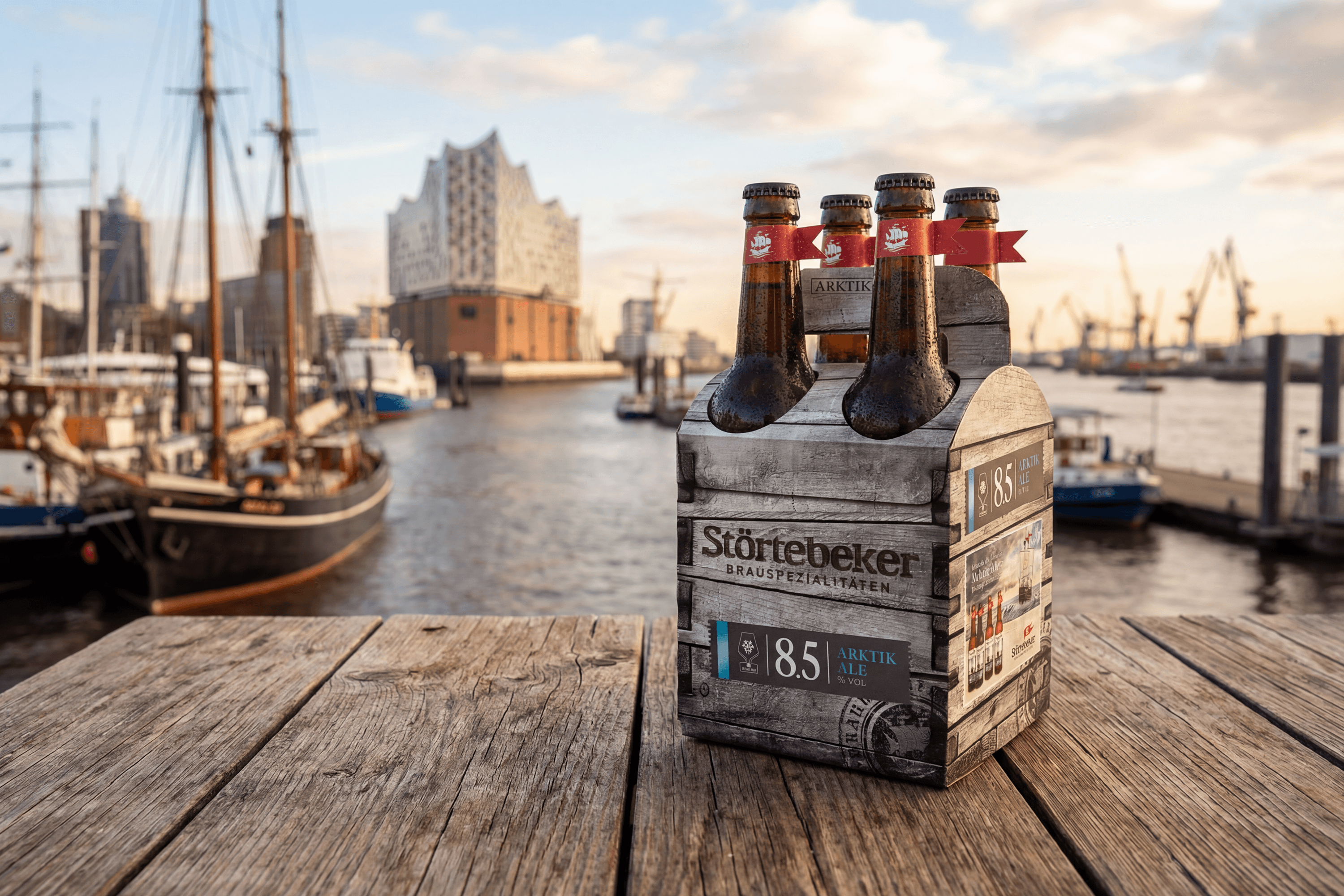 Störtebeker Arctic Ale bottles in a carrier on a dock