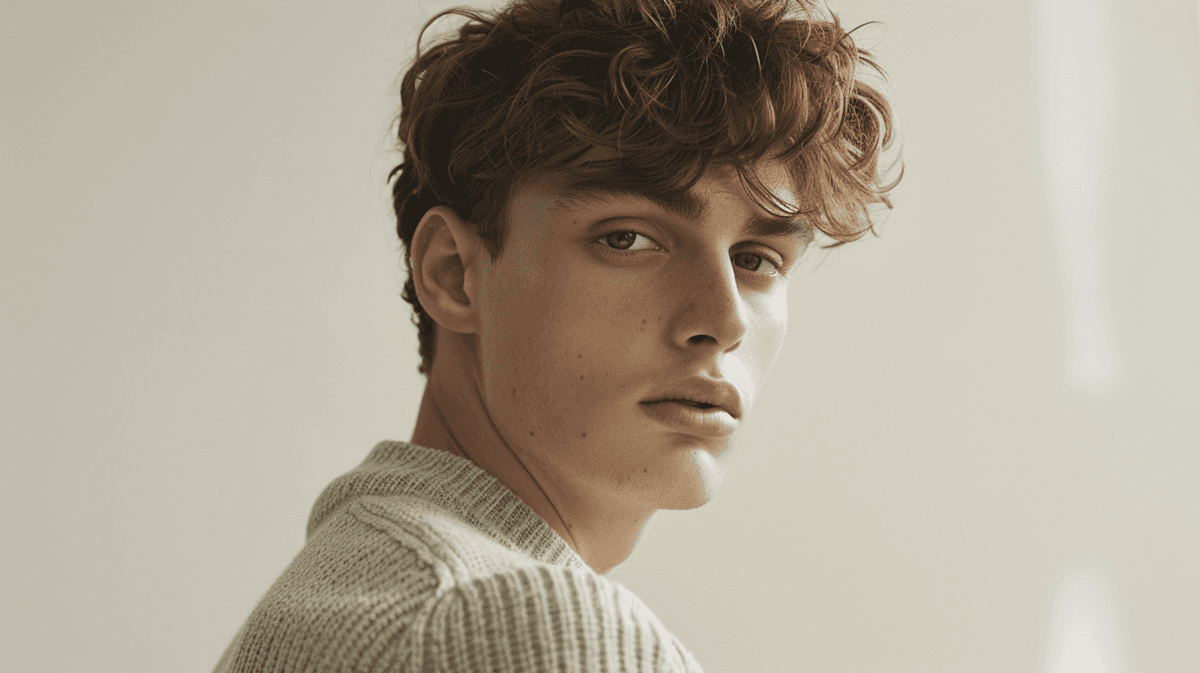 Editorial portrait of a young man with wavy hair in a knit sweater, looking over his shoulder in soft light.