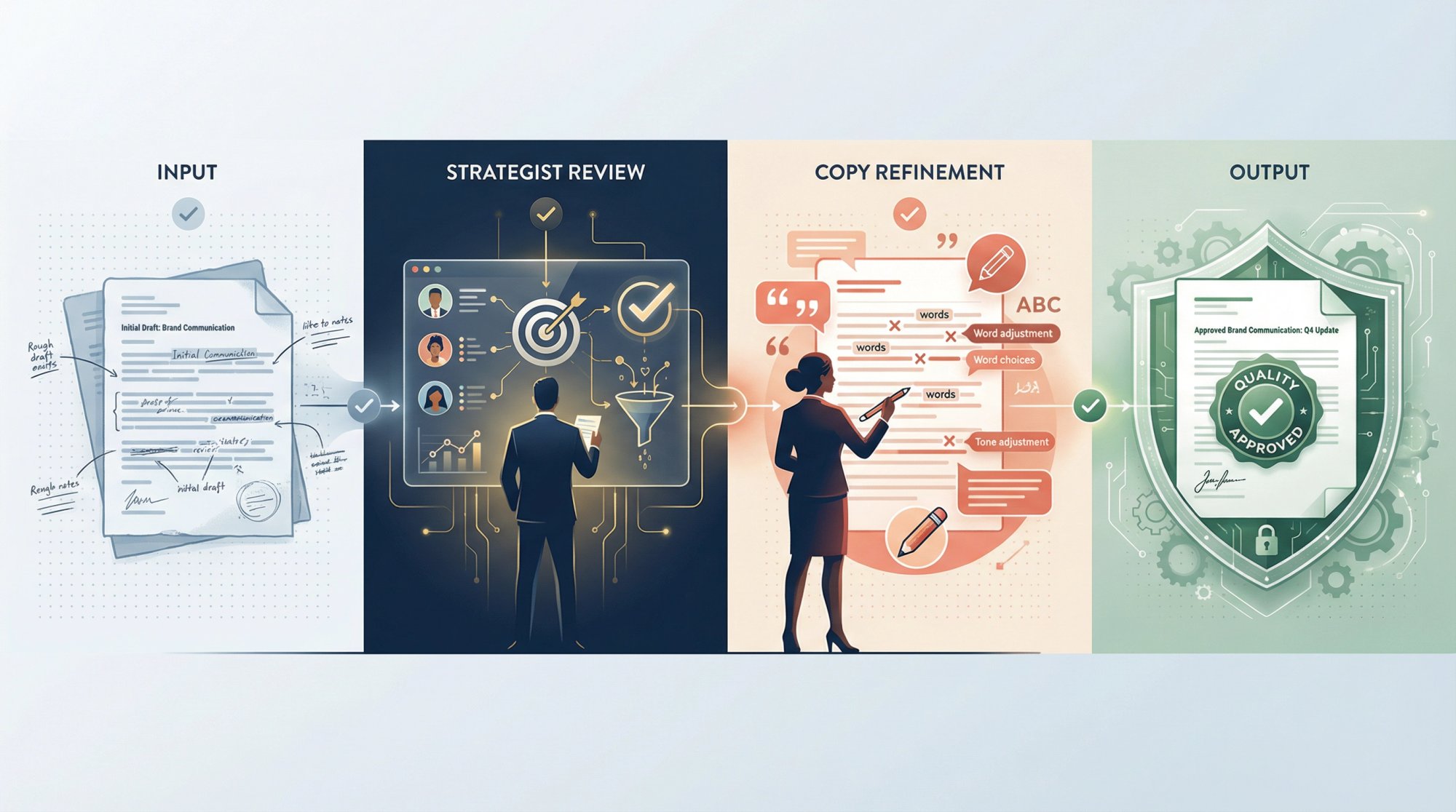Multi-stage quality assurance workflow showing agency review gates protecting brand communications