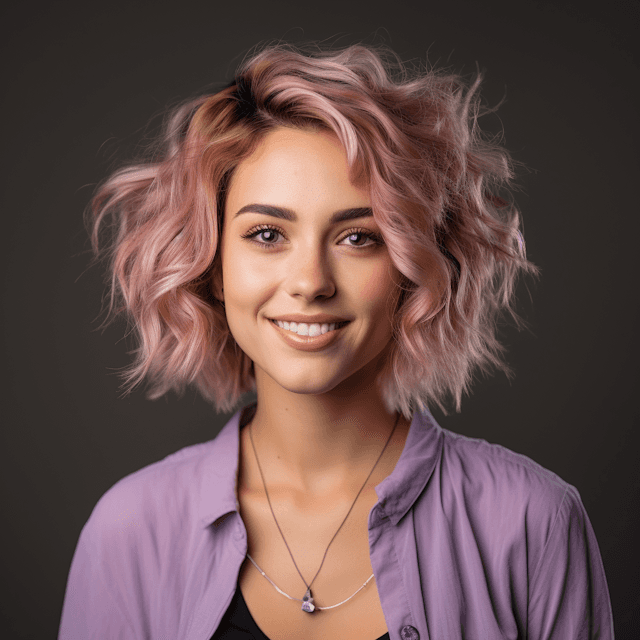 Young woman with short wavy pastel pink hair and a purple button-down shirt smiling in a studio headshot.
