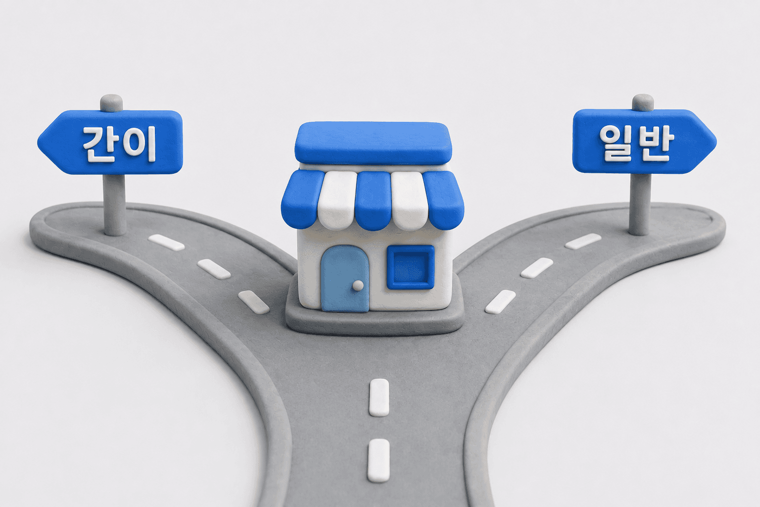 두 갈래 길 위에 놓인 상점 모형과 간이·일반 표지판