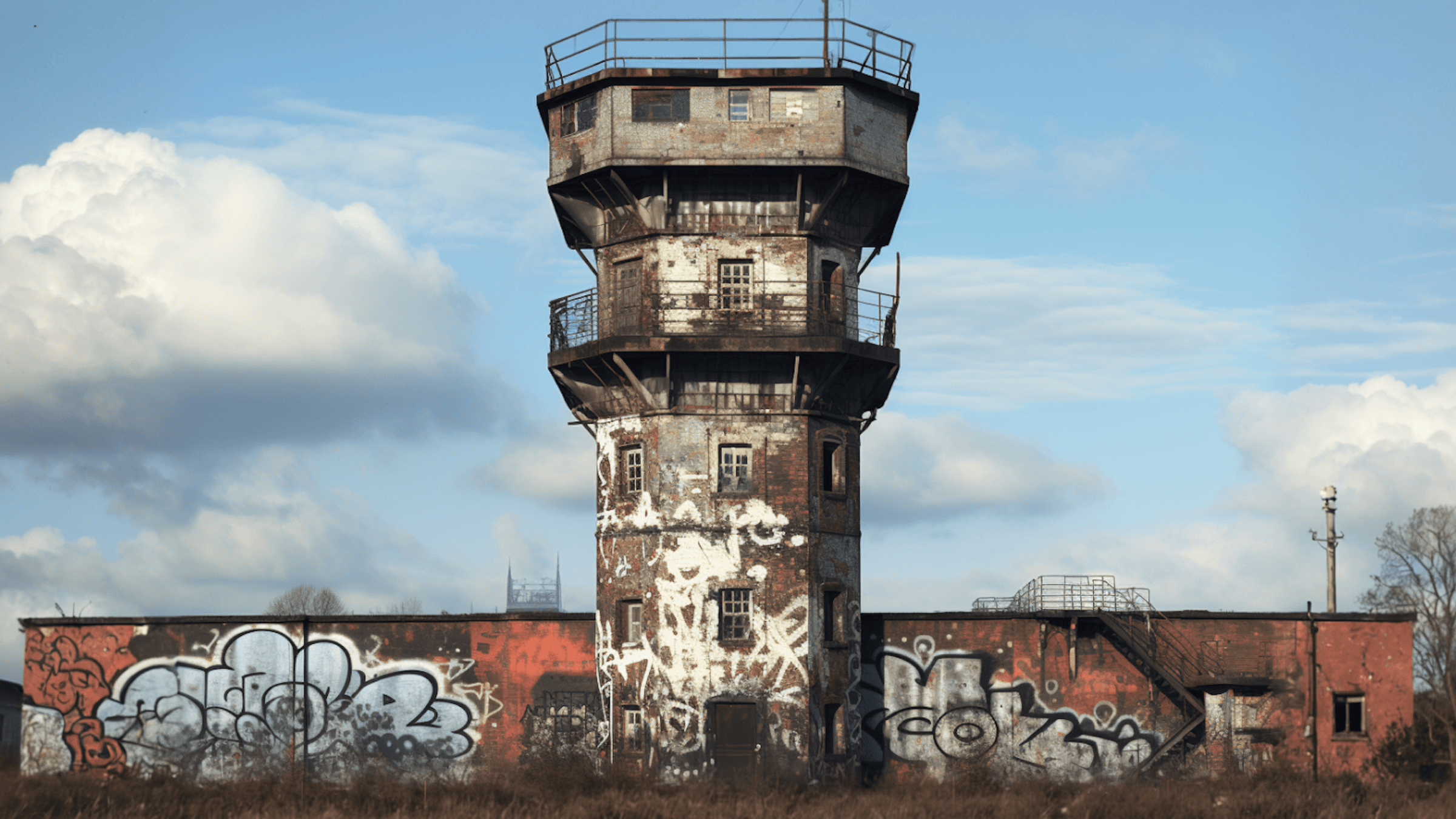 An old, weathered watchtower covered in graffiti, set against a cloudy blue sky.