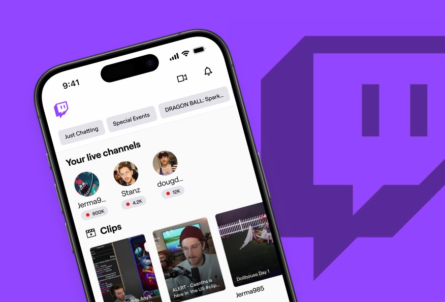 Twitch logo surrounded by redesigned screens from the mobile app
