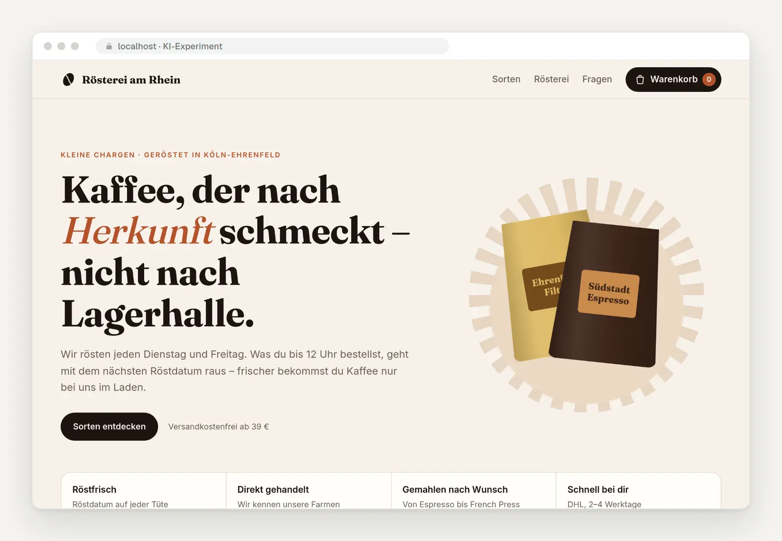 Startseite des KI-generierten Testshops „Rösterei am Rhein" für eine fiktive Kölner Kaffeerösterei, professionell gestaltet und von einer KI aus einem einzigen Satz in rund viereinhalb Minuten gebaut.