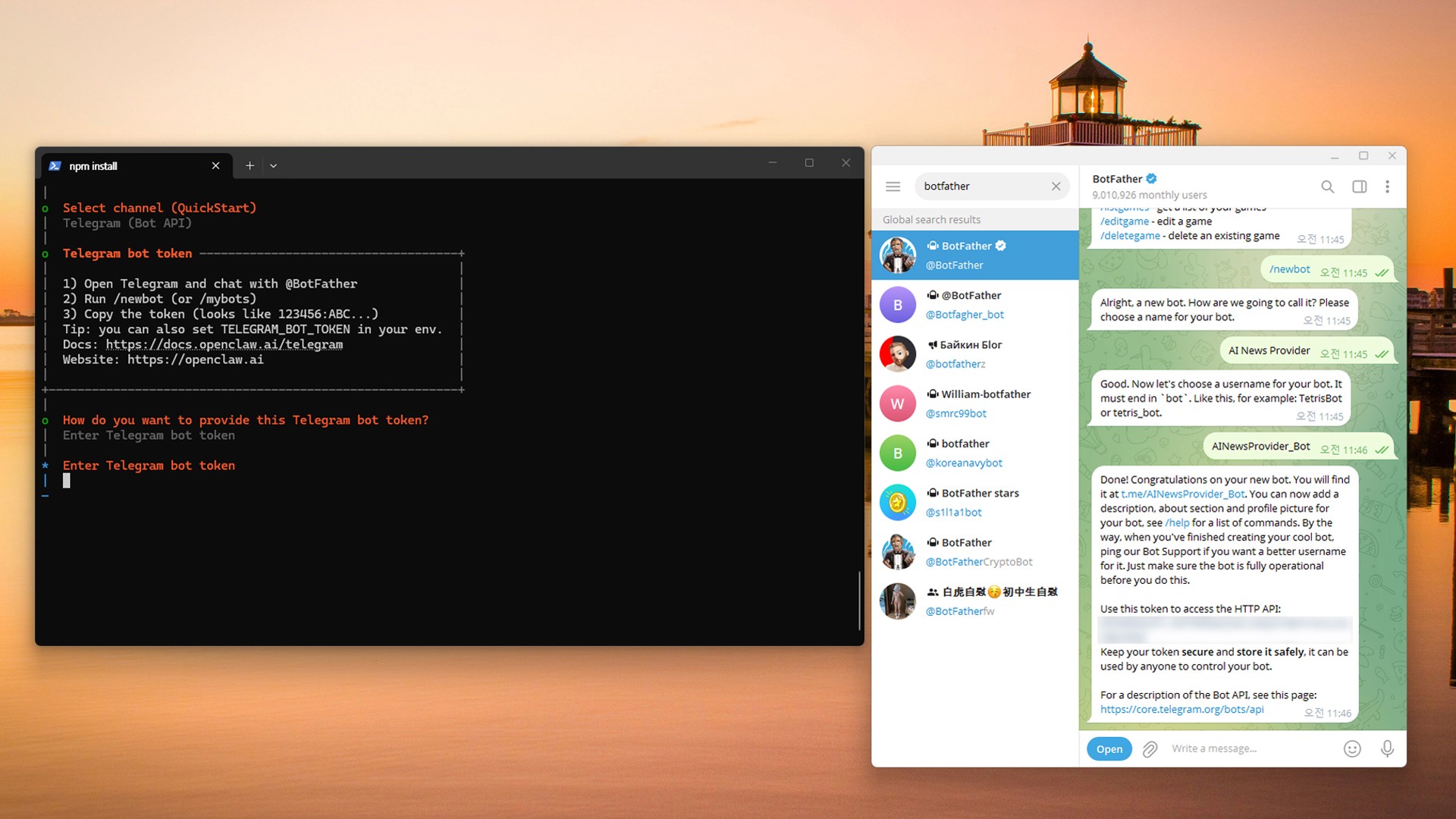 Image caption: Create a Telegram bot with BotFather and copy the Bot Token into OpenClaw.