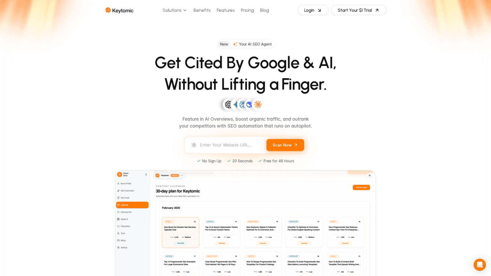 Keytomic homepage screenshot for an AI SEO tools comparison article
