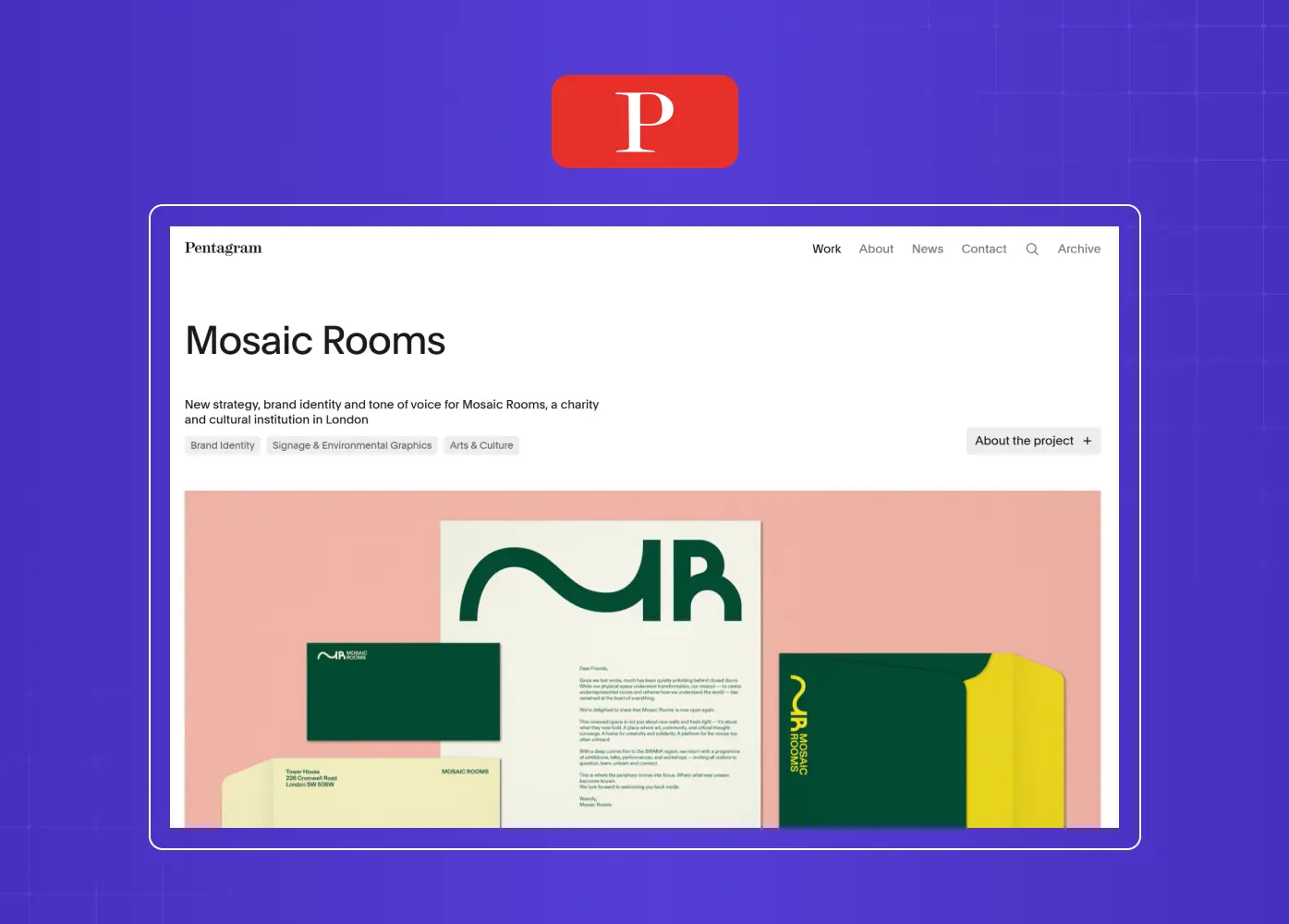 Branding project page presenting visual identity work, typography, and design assets developed for a cultural organization.
