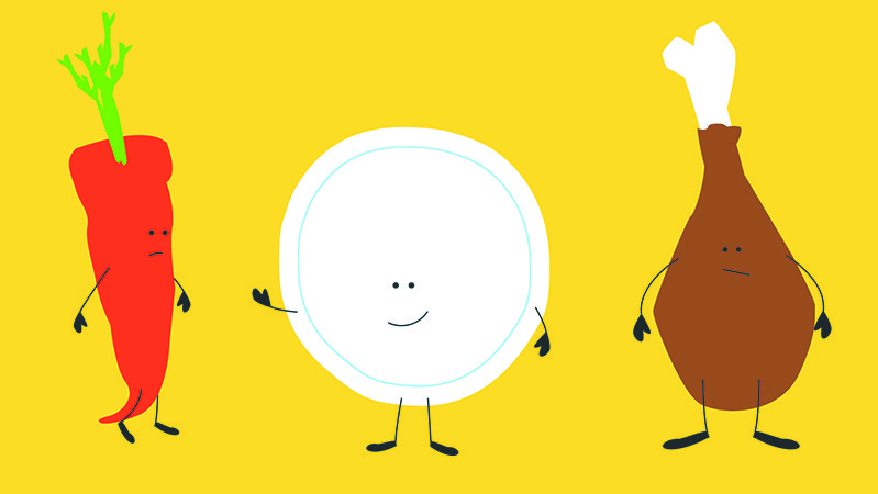 A picture showing a personified carrot, a personified plate and a personified chicken wing.