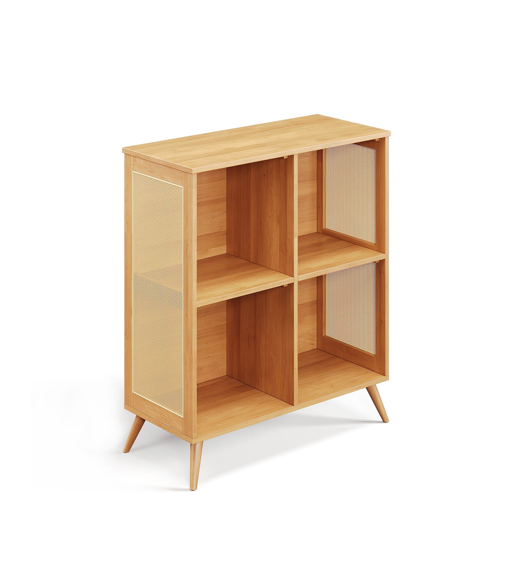 Wooden rattan display cabinet 3D render with open shelves and modern design