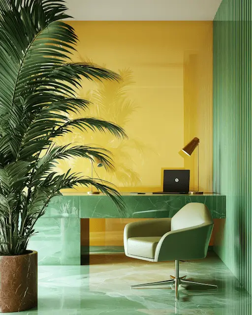 Modern green and yellow home office with a large palm tree, green marble desk, and an upholstered swivel chair.