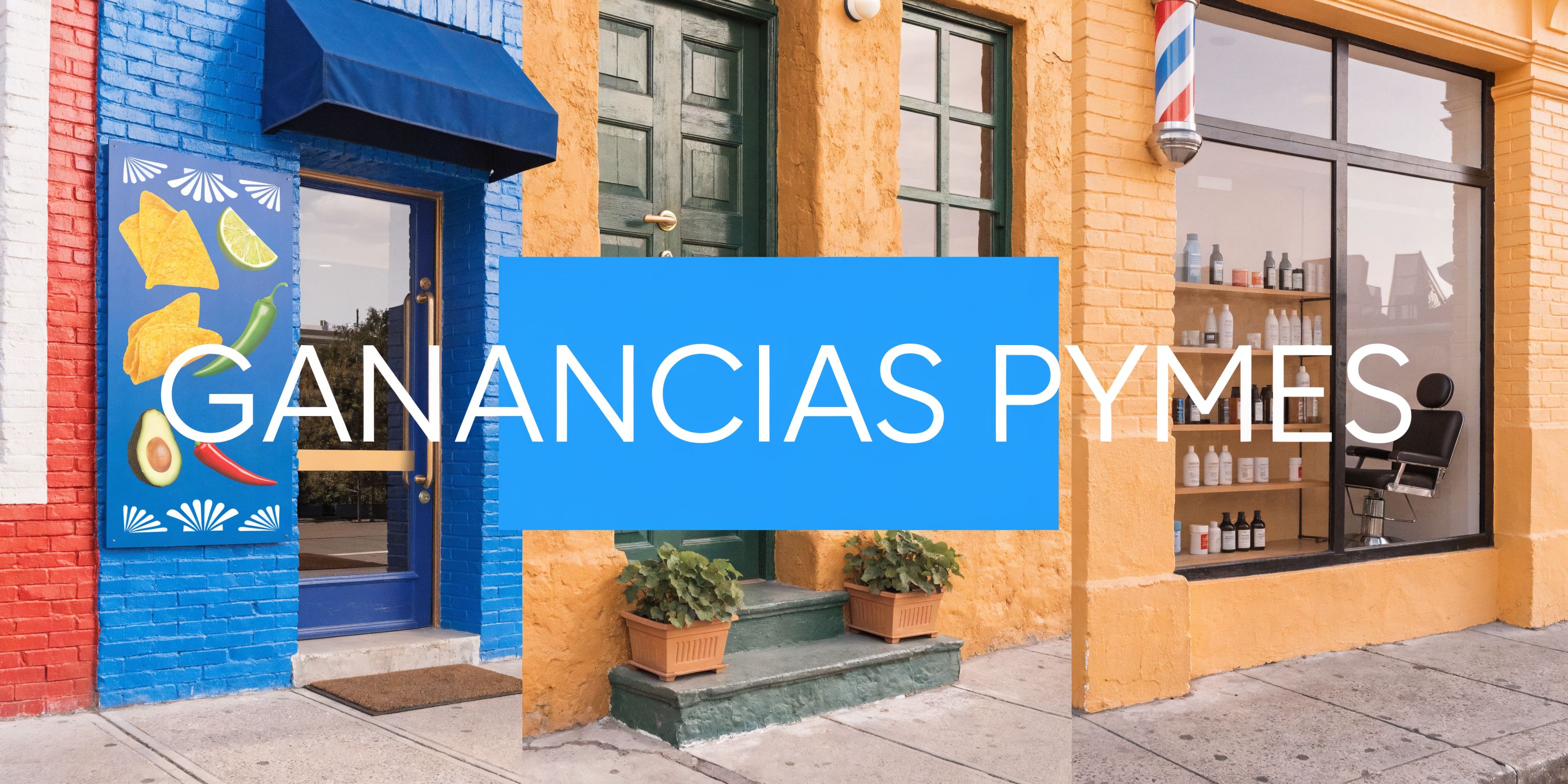 Fachadas coloridas de negocios locales con letreros y productos de belleza en exhibición para pequeñas empresas.