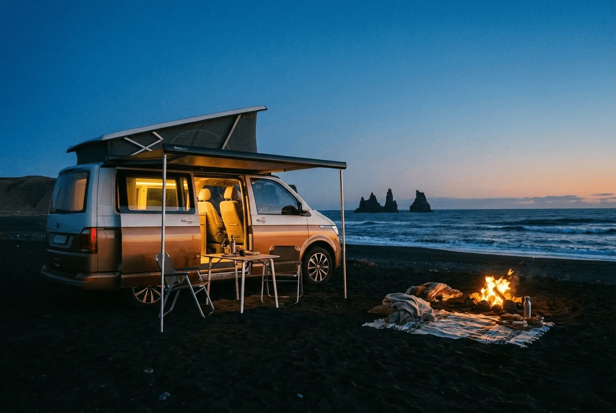 An illuminated camper van parked on a black sand beach at twilight with a campfire burning nearby and sea stacks in the distance.