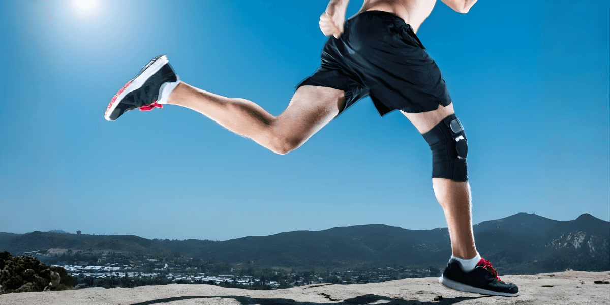 "A young athlete wearing athletic support braces to prevent injury while running outdoors, highlighting the importance of injury prevention in sports."