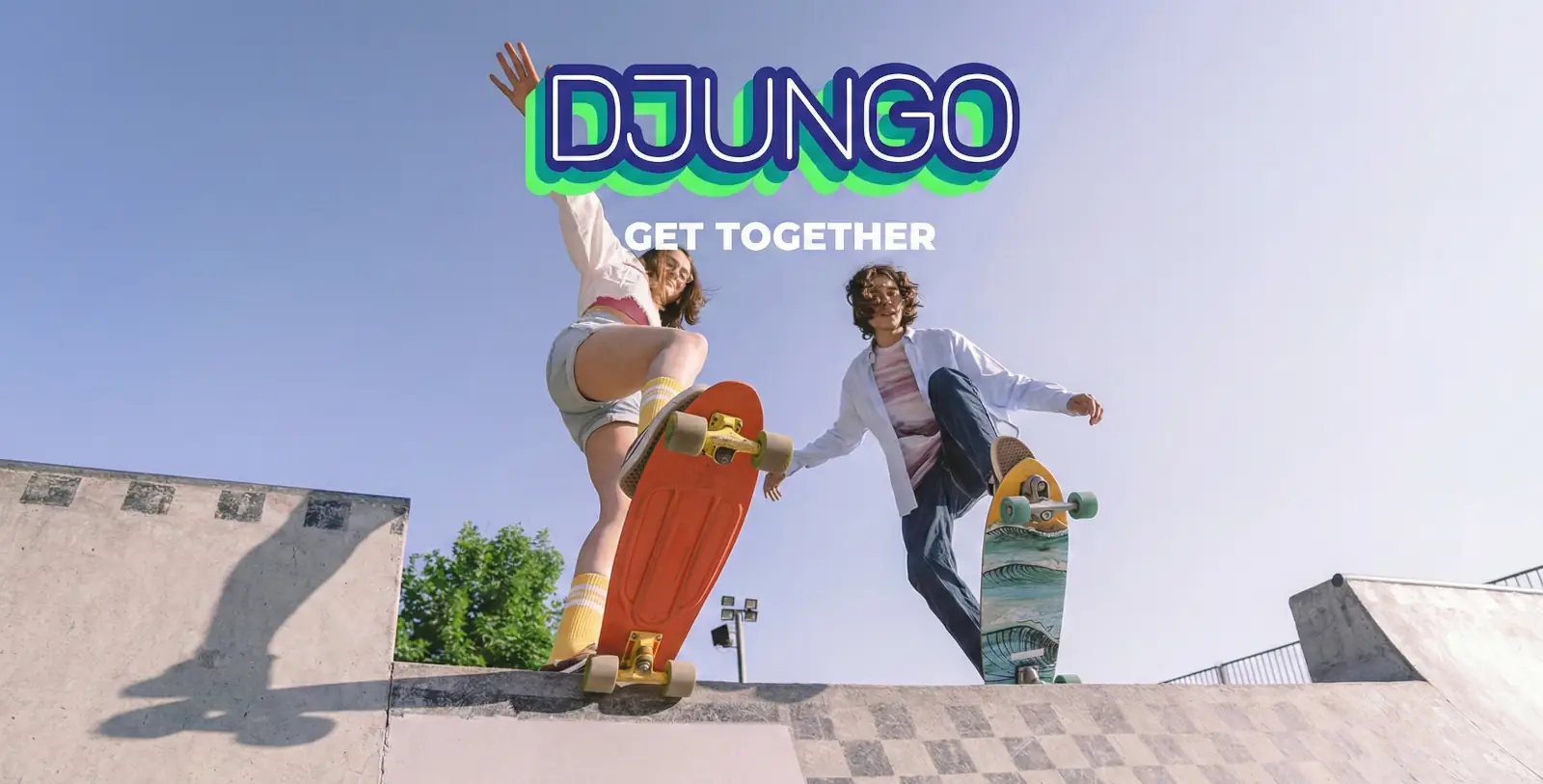 Two people skateboarding on a concrete ramp under a clear blue sky, overlaid with the DJUNGO "Get Together" logo