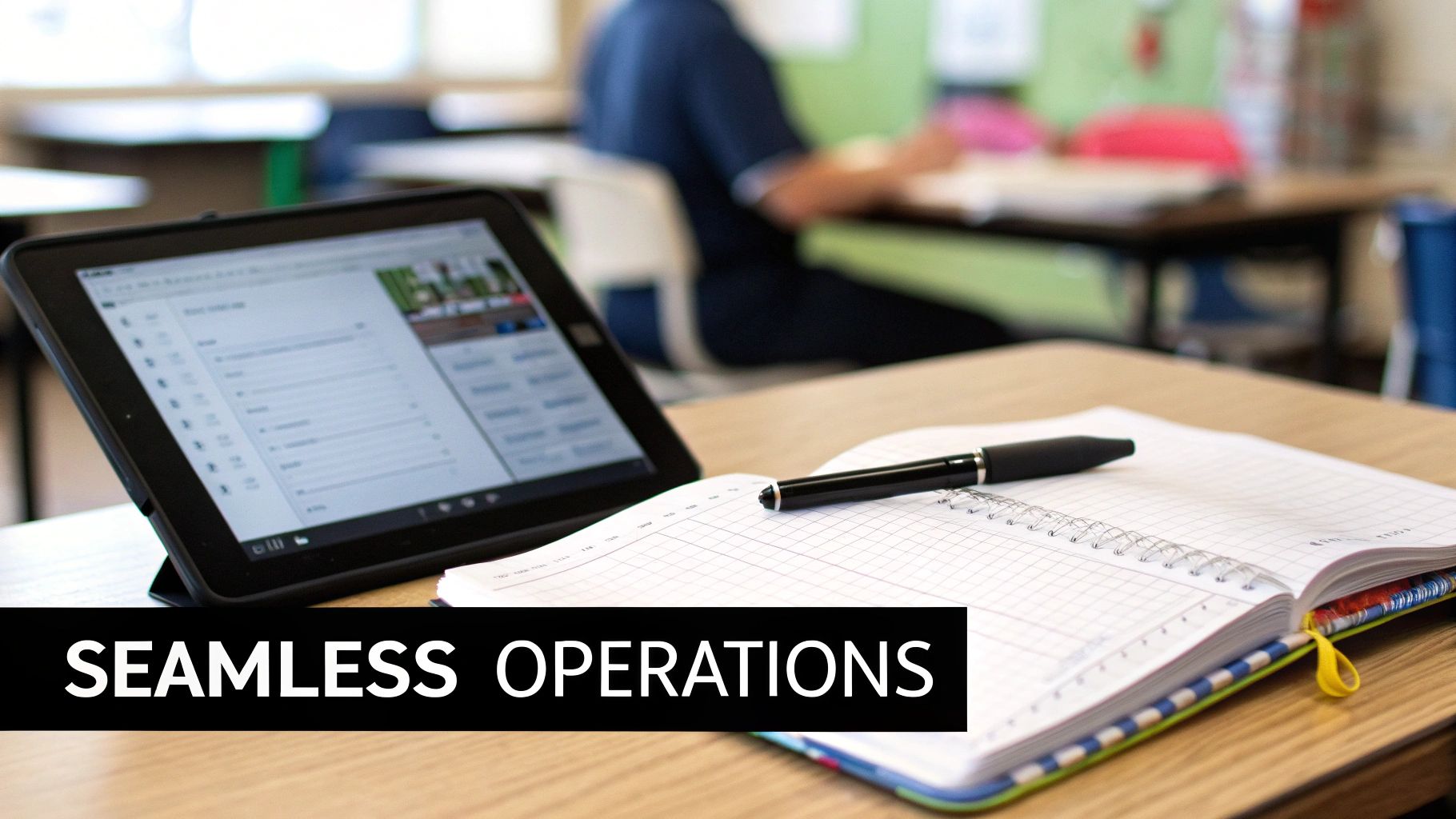 A tablet, a spiral notebook, and a pen on a desk in a classroom setting with a student blurred in the background.