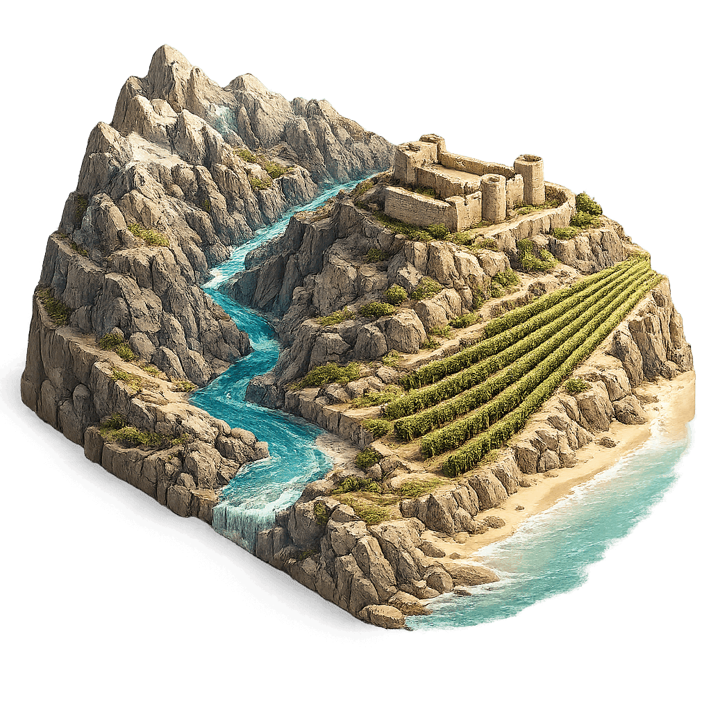 Artistic illustration of the Republic of Dagestan wine region.